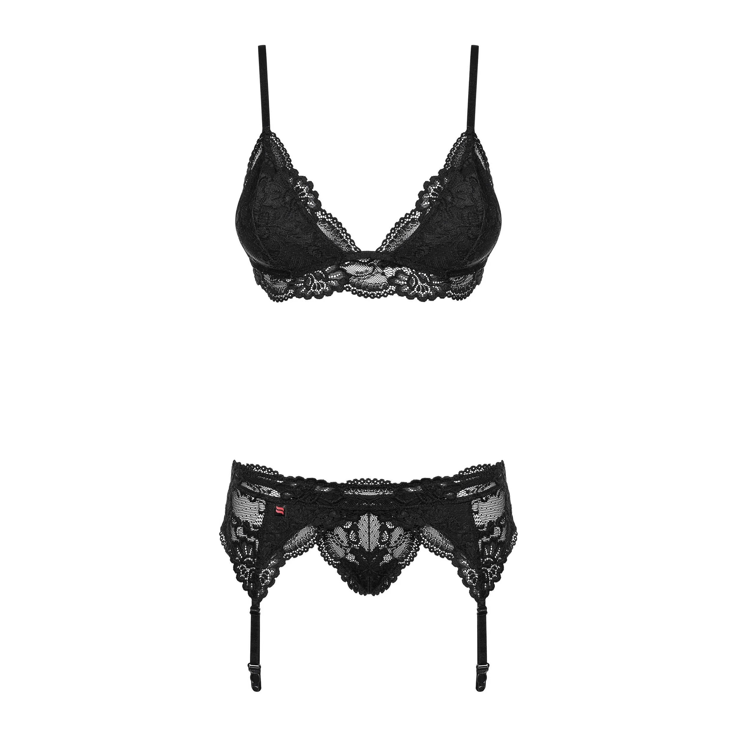 Ensemble lingerie dentelle noire sculptante, soutien-gorge et porte-jarretelles ajustables, motifs élégants et sexy.
