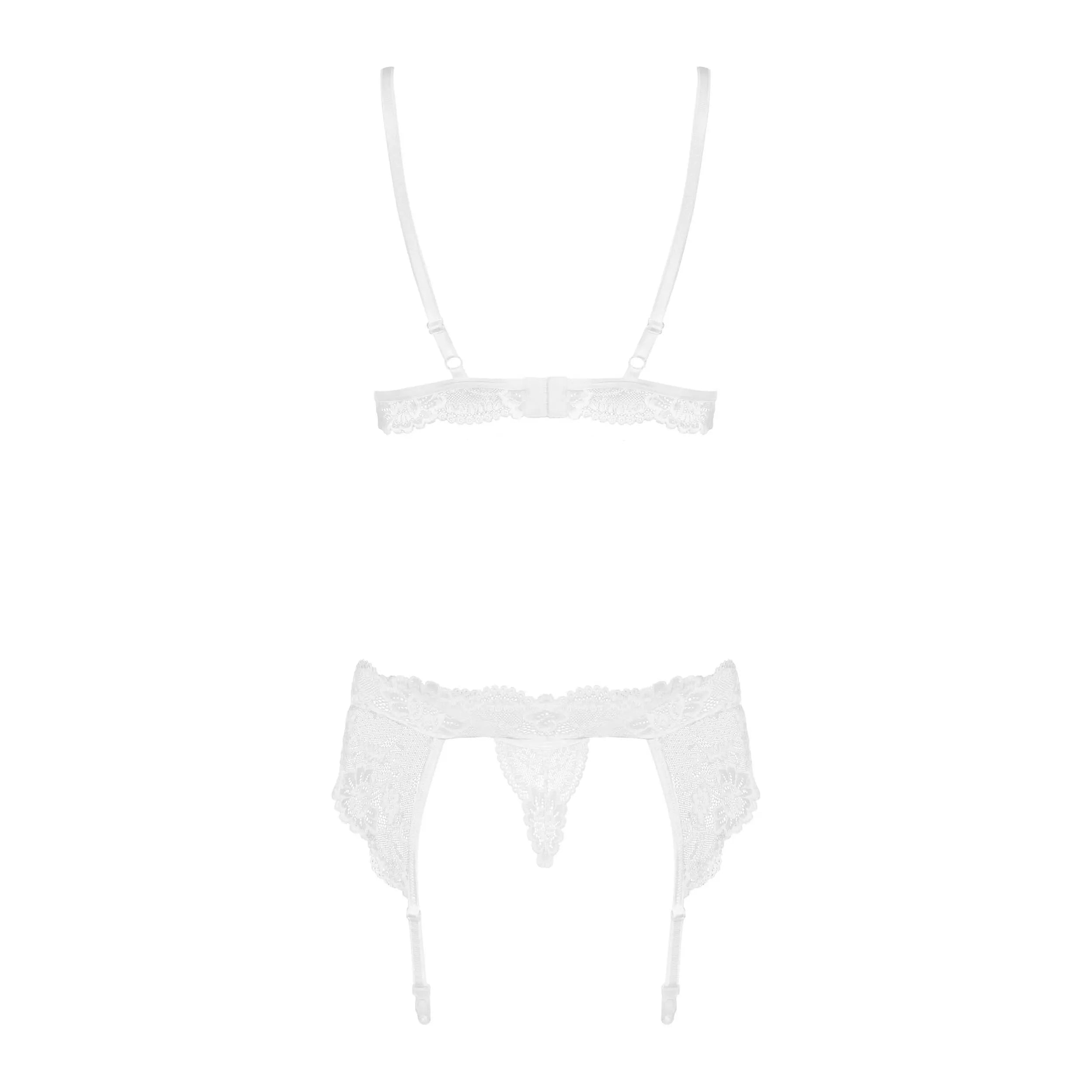 Ensemble lingerie blanc dentelle avec soutien-gorge rembourré, porte-jarretelles et string, élégant et sensuel.