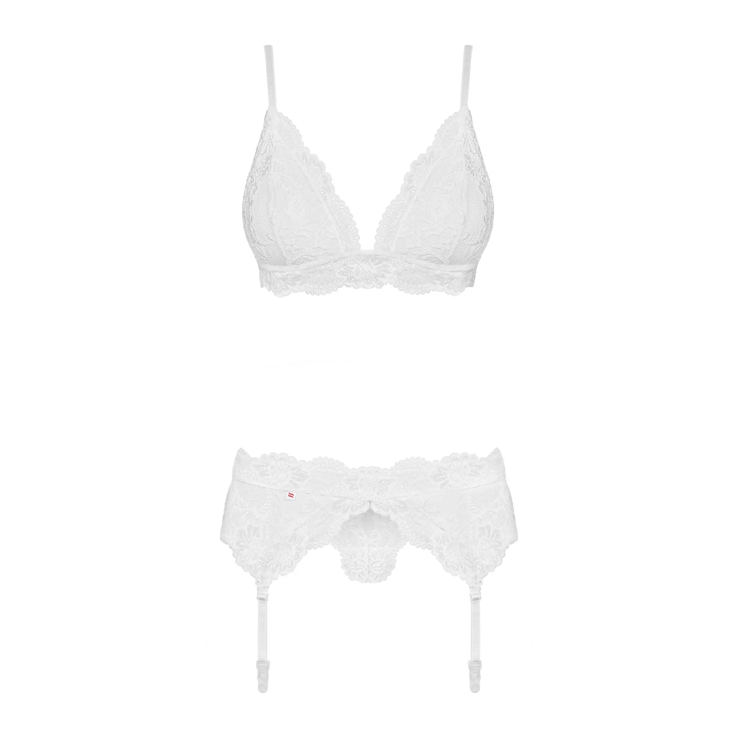 Ensemble lingerie blanc en dentelle avec soutien-gorge rembourré, jarretelles et string, élégant et confortable.
