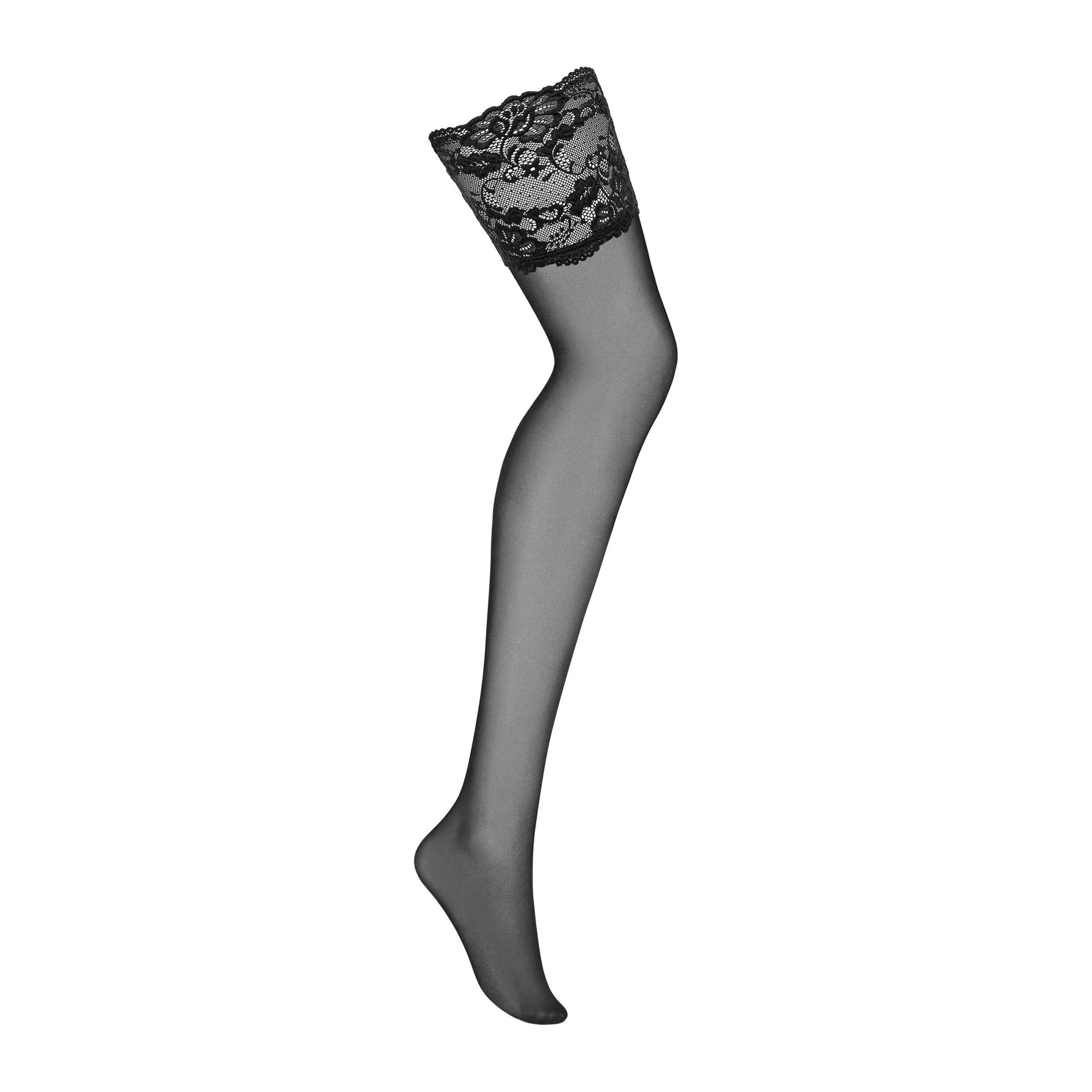 Bas noir en dentelle délicate avec motifs raffinés, extensible en nylon et élasthanne, idéal pour porte-jarretelles.