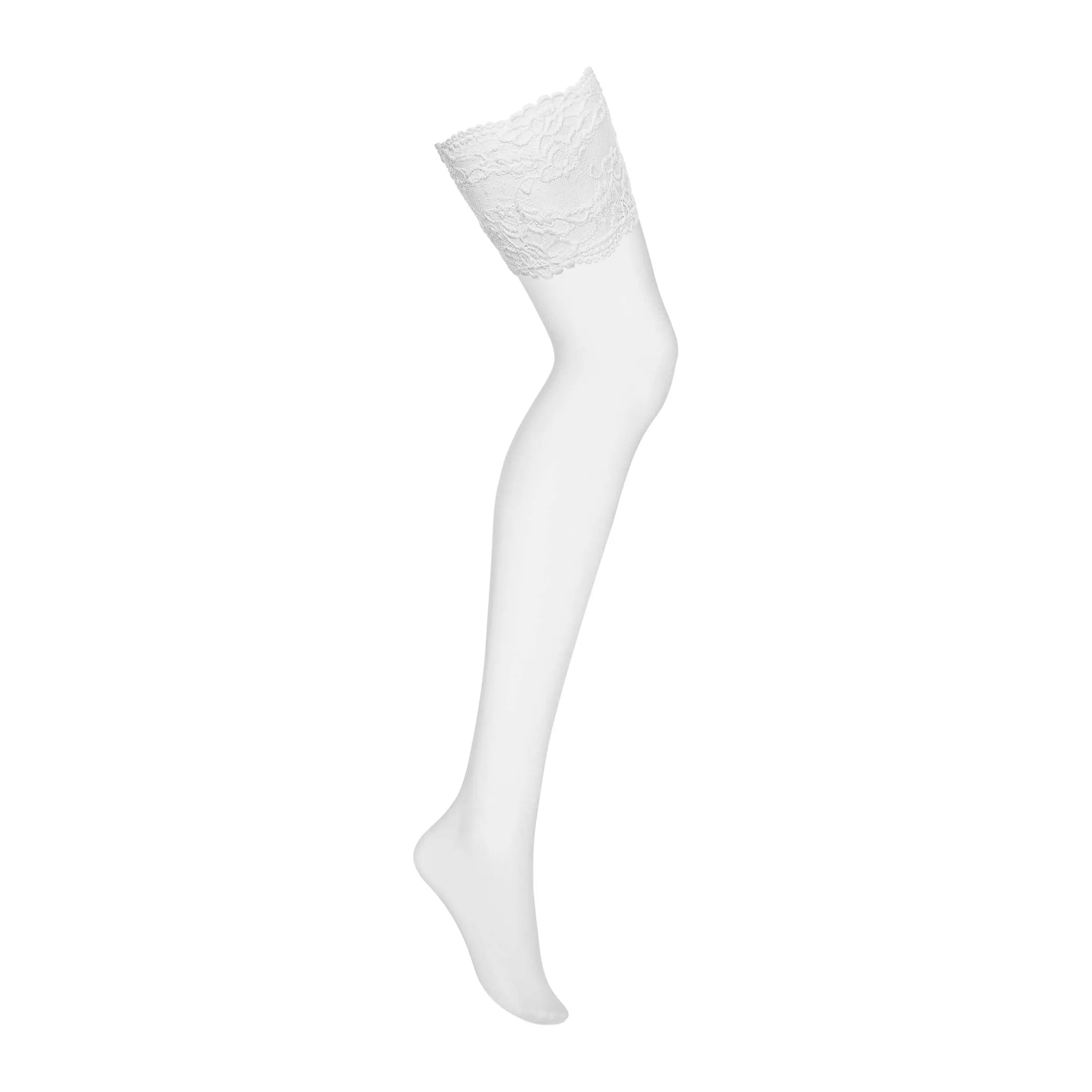Bas blanc en maille avec dentelle brodée, galbe jambes, nylon élasthanne, tailles S à XL, look raffiné et romantique.