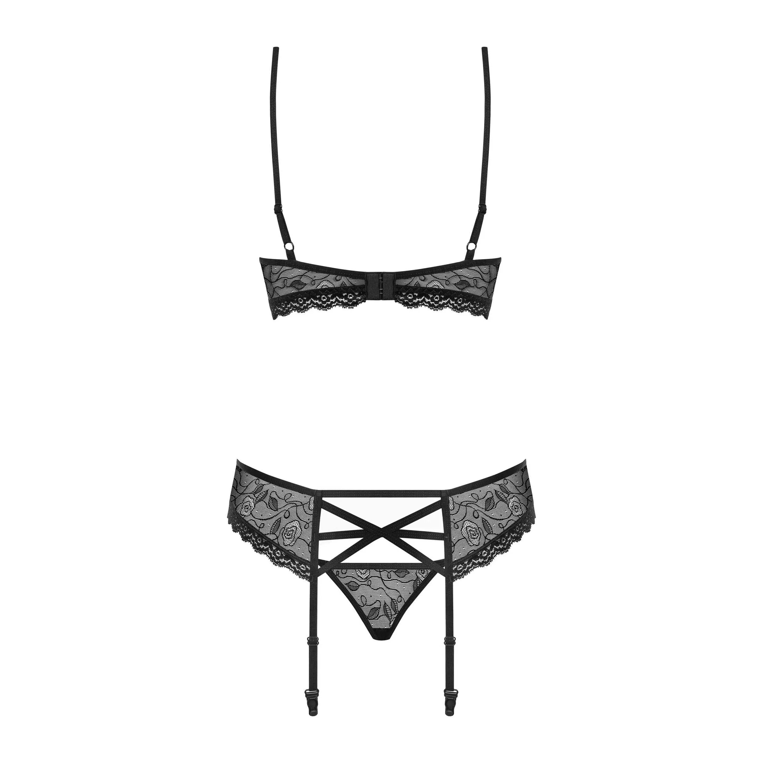 Ensemble lingerie noir dentelle transparente, bijoux sans nickel, bretelles réglables, tailles variées, style élégant.