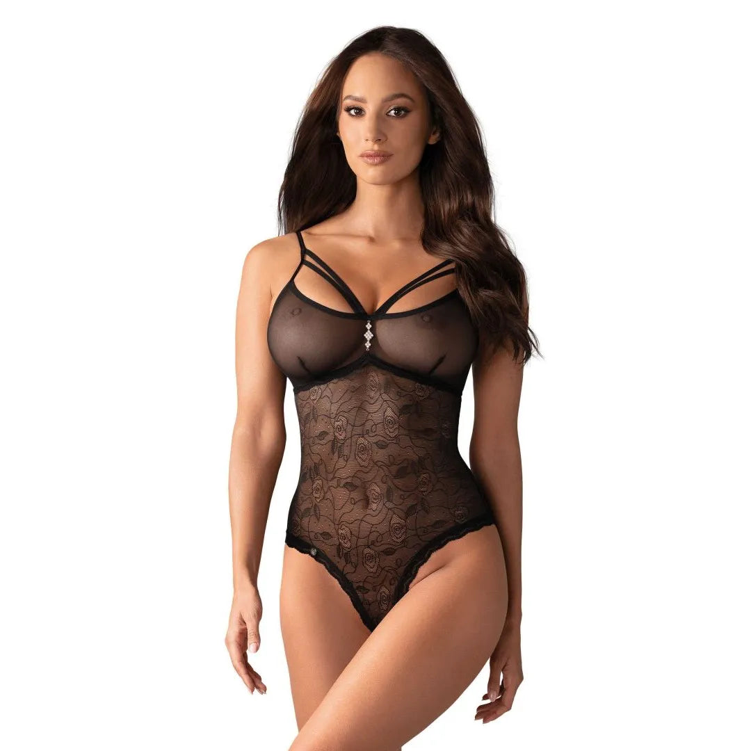 body femme noir semi transparent motifs floraux bijou ornemental polyamide élasthanne extensible doux ajustable moulant glamour sensuel soirée romantique élégant