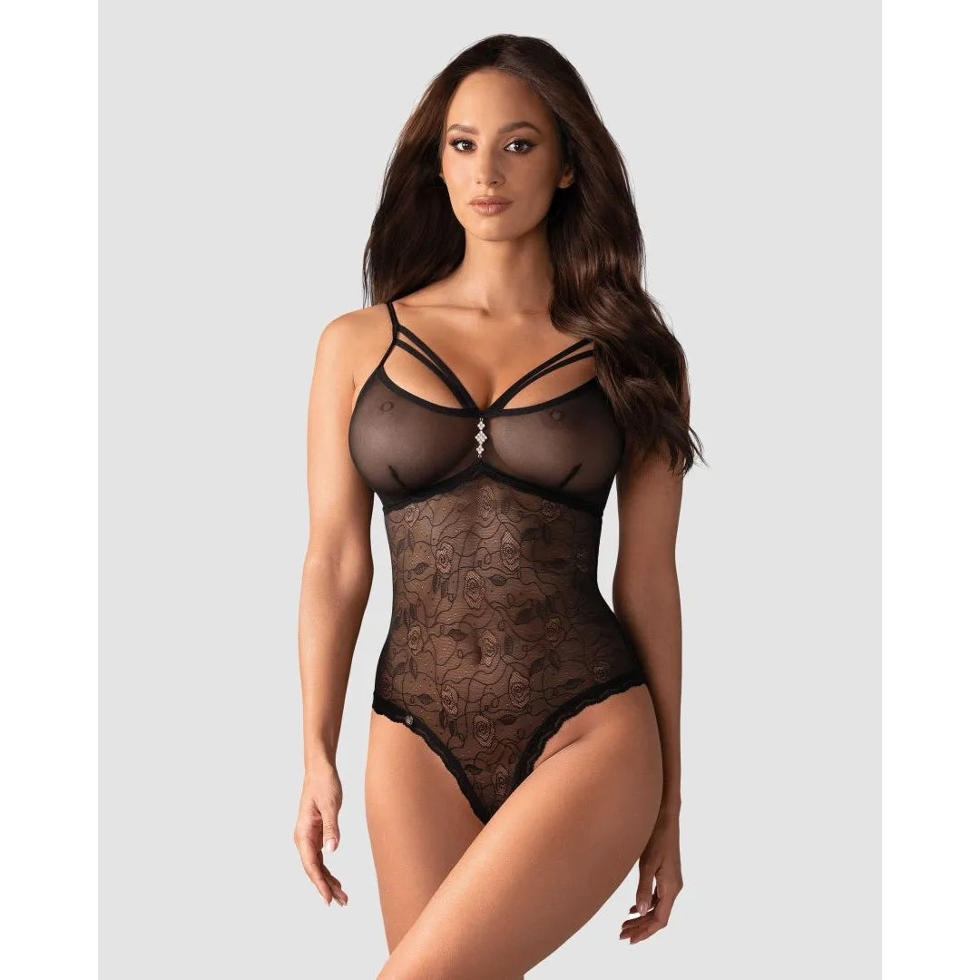 Body femme noir semi-transparent motifs floraux, bijou ornemental, polyamide élasthanne, élégant et sensuel.
