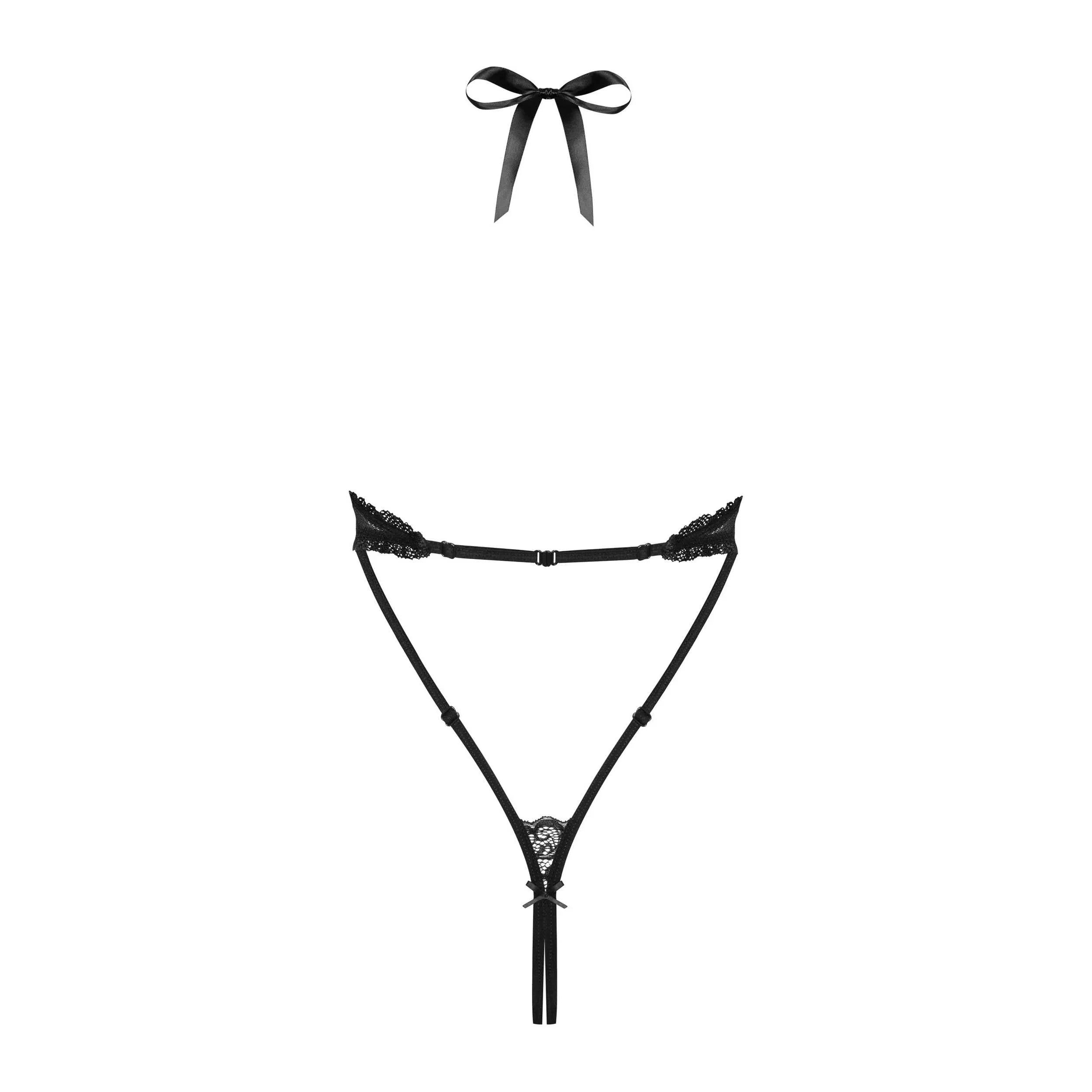 Body noir ouvert avec laçage ajustable et bijou brillant, en polyamide élasthanne, silhouette sculptante et élégante.