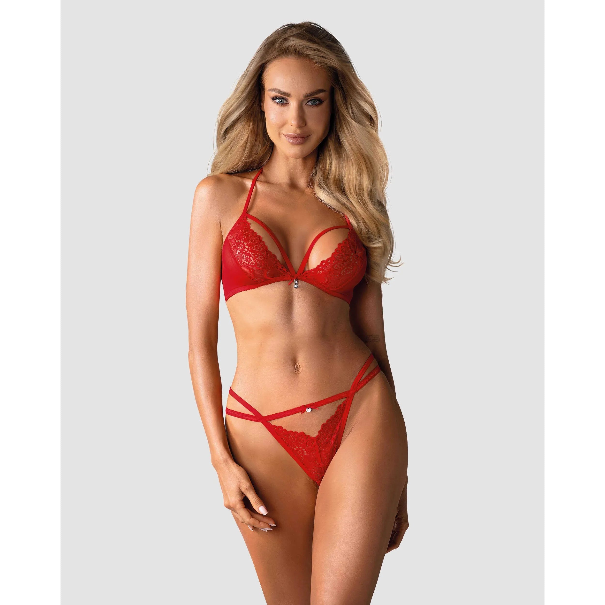 Ensemble lingerie rouge dentelle maille bijou charme sensuel soutien-gorge string lanières élégantes et raffinées