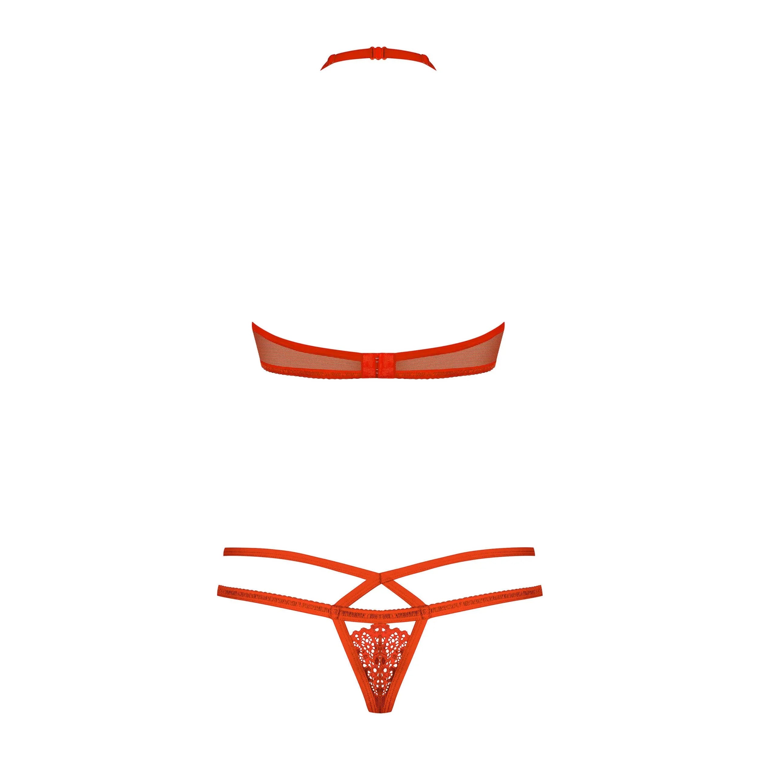 Ensemble lingerie rouge dentelle et maille, soutien-gorge et string, détails raffinés, lanières élégantes, bijou charme.