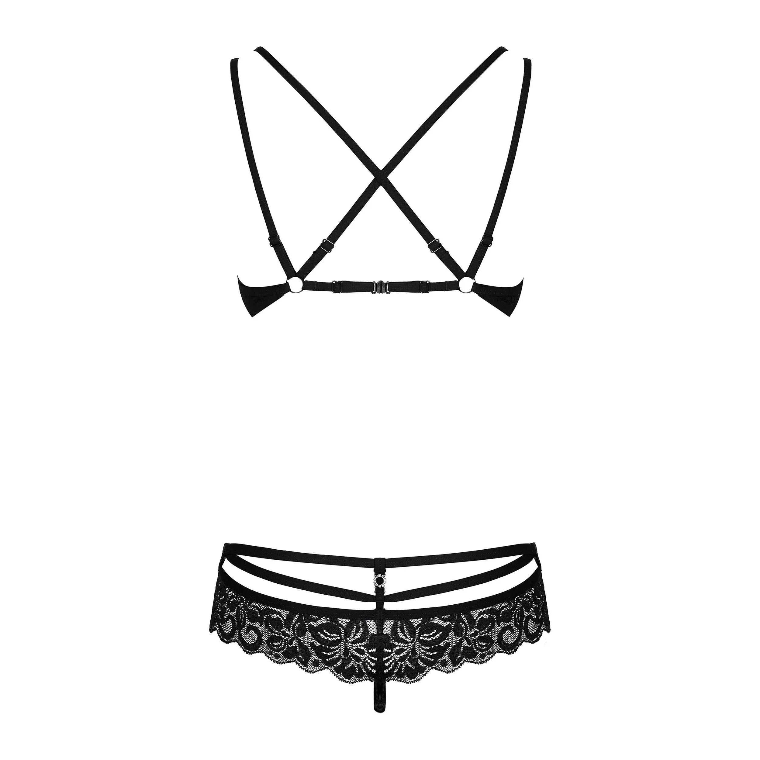 Ensemble lingerie noire dentelle fine, soutien-gorge à armatures, bretelles réglables, bijoux charme, confort et élégance.