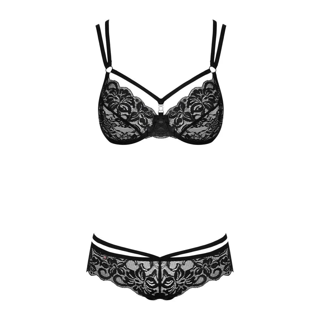Ensemble lingerie noire dentelle fine, soutien-gorge à armatures, bretelles réglables, bijoux charme, collection Obsessive...