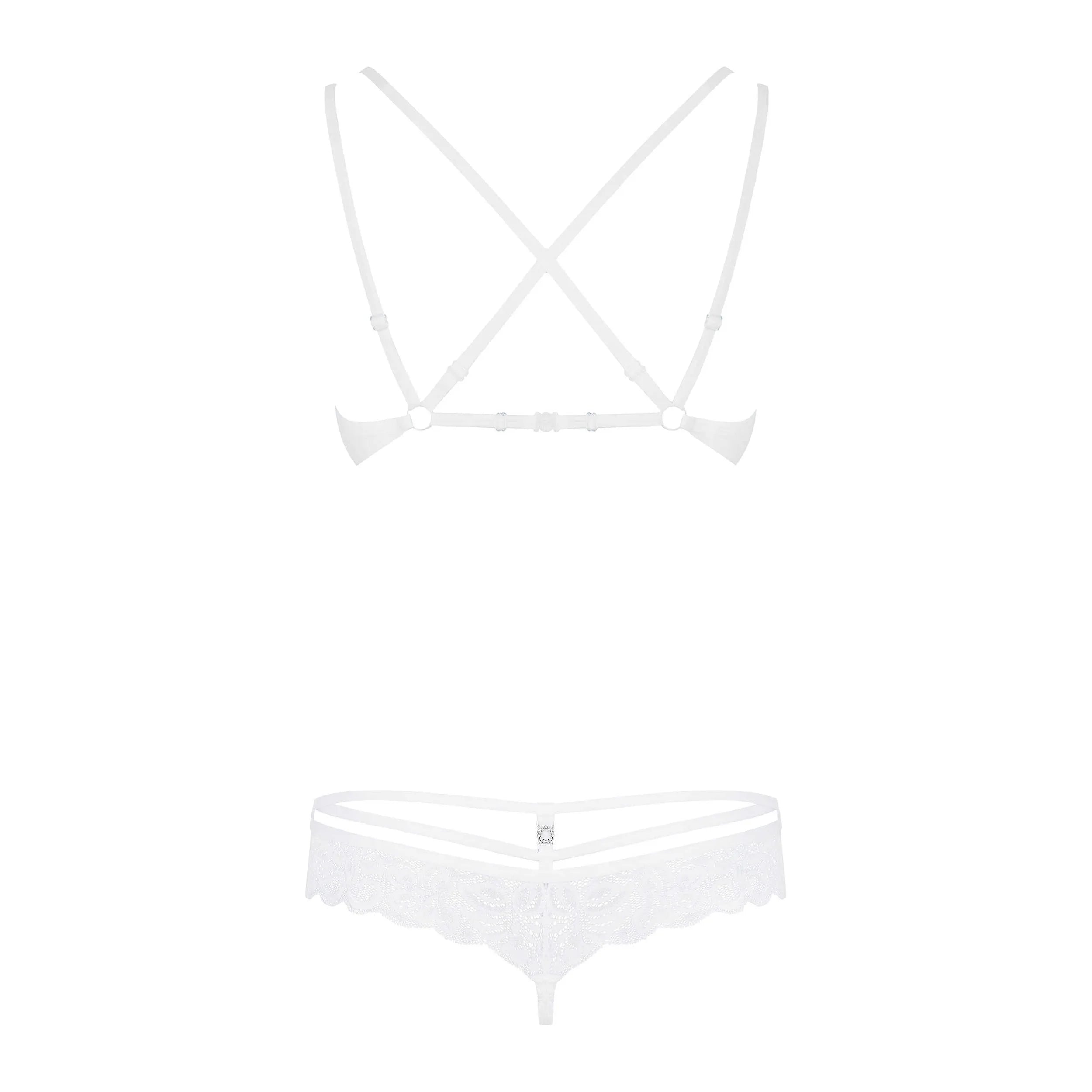 Ensemble lingerie blanc dentelle avec strass, soutien-gorge à armatures et lanières réglables, tanga séduisant.