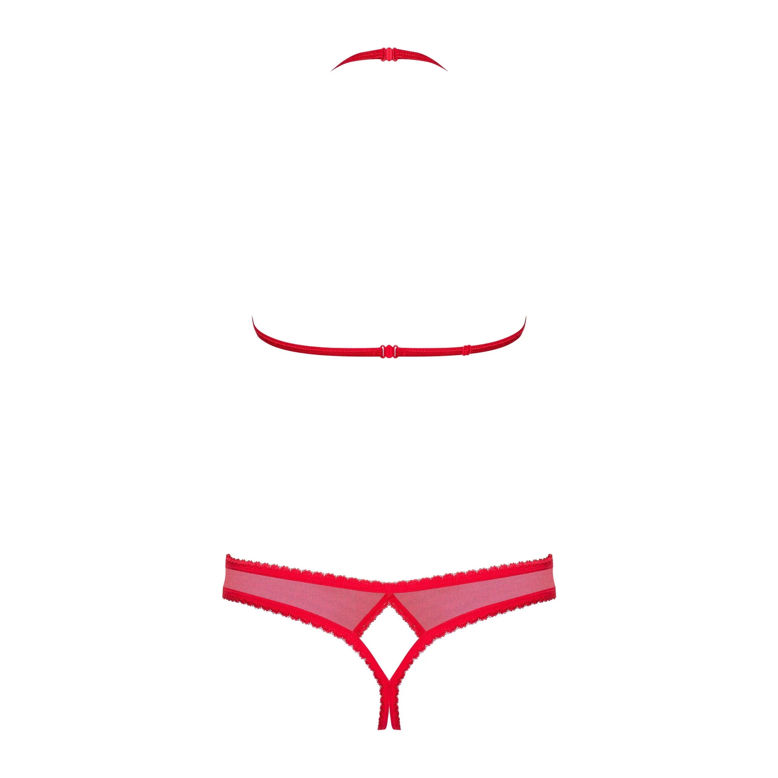 Ensemble lingerie rouge dentelle fine, maille transparente, ouvert, bretelles réglables, dos nu, élégant et sensuel.
