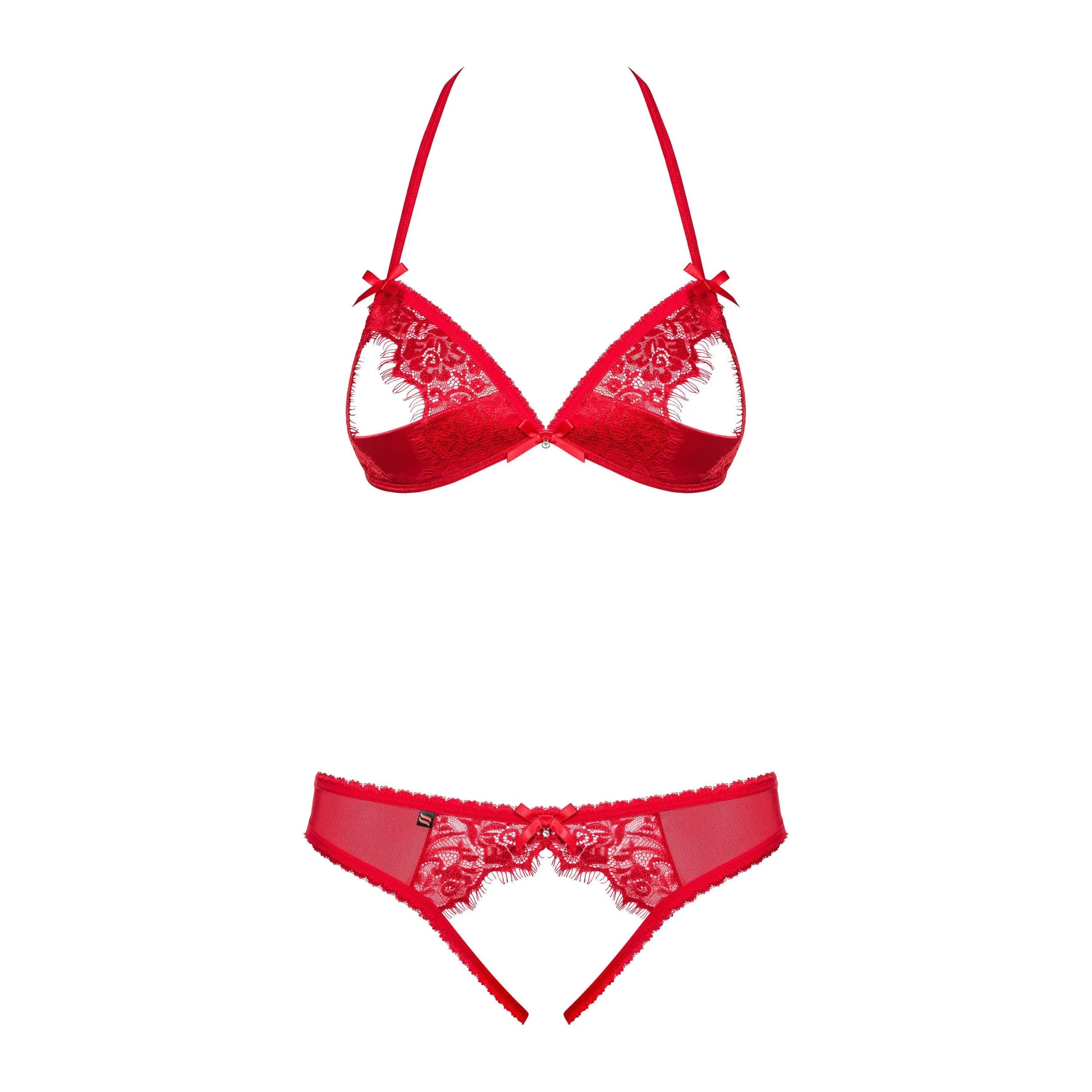 Ensemble lingerie rouge ouvert en dentelle fine et maille transparente, bretelles ajustables, design sensuel et élégant.