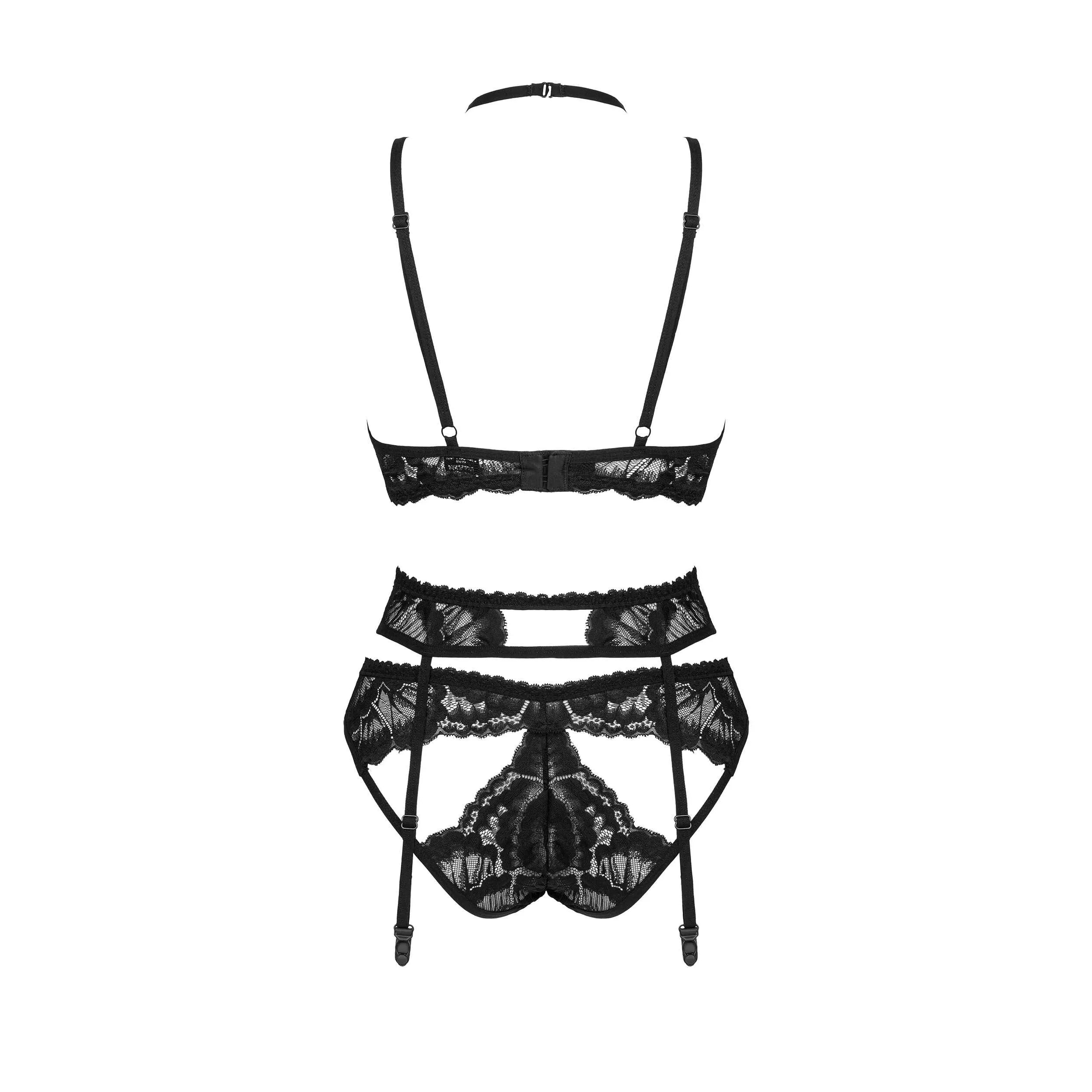 Ensemble lingerie 3 pièces dentelle noire avec soutien-gorge, porte-jarretelles et culotte, élégant et sensuel.