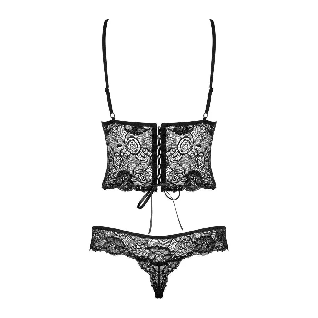 Body dentelle noire florale, coupe triangulaire, bonnets à armatures, bretelles ajustables, laçage corset dos.