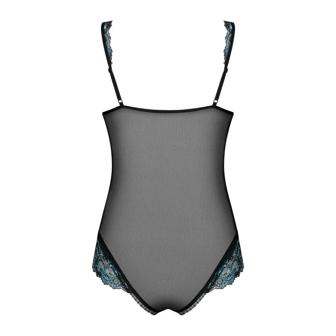 Body dentelle turquoise transparent, maille noire, bonnets armatures, bretelles réglables, empiècements amincissants.