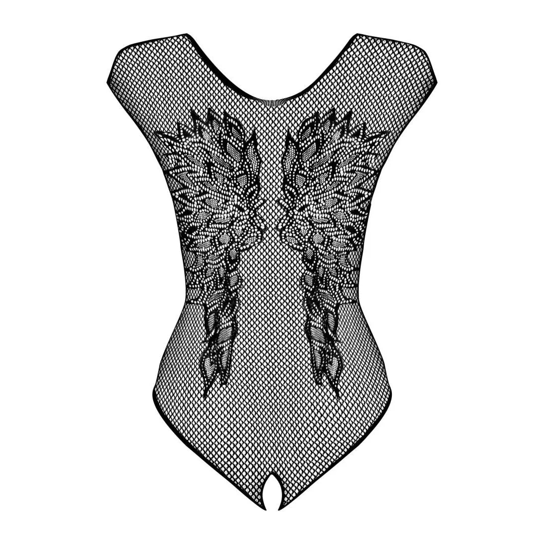 Body noir résille semi-transparent avec ailes délicates, ajustement confortable, style sexy et élégant.