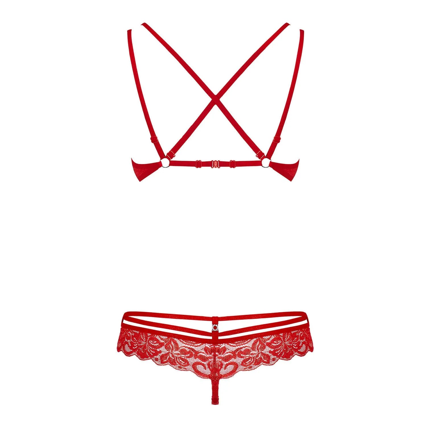 Ensemble lingerie rouge dentelle florale, design séduisant, ajustement parfait, bretelles croisées, élégance raffinée.