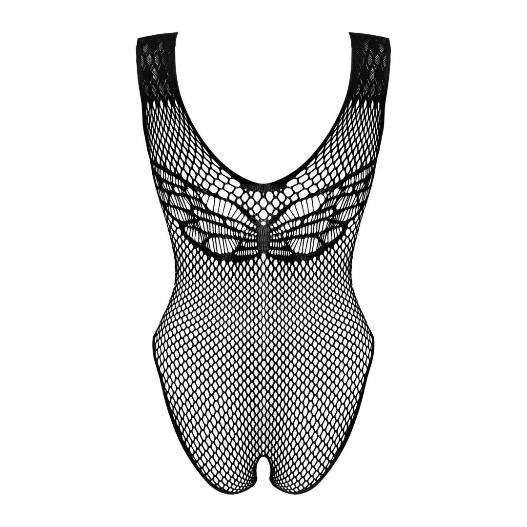 Body noir B134 en maille délicate, décolleté profond, entrejambe ouvert, design sculptant et extensible, élégant et sensuel.