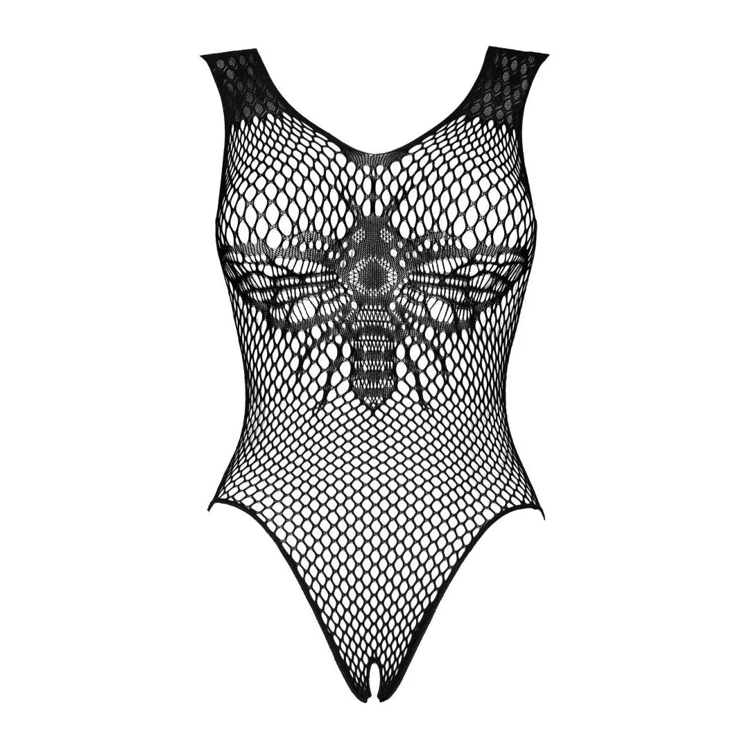 Body noir en maille délicate avec décolleté profond, entrejambe ouvert, design sculptant et élégant, style séduisant.