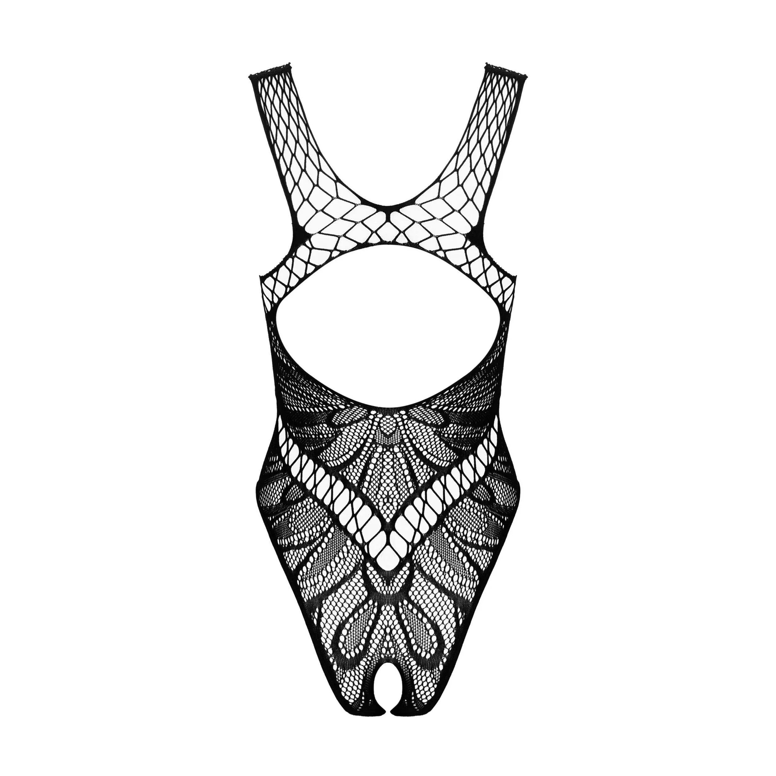 Body teddy noir entrejambe ouvert, design dos unique, dentelle transparente, nylon élasthanne, tailles S M L.