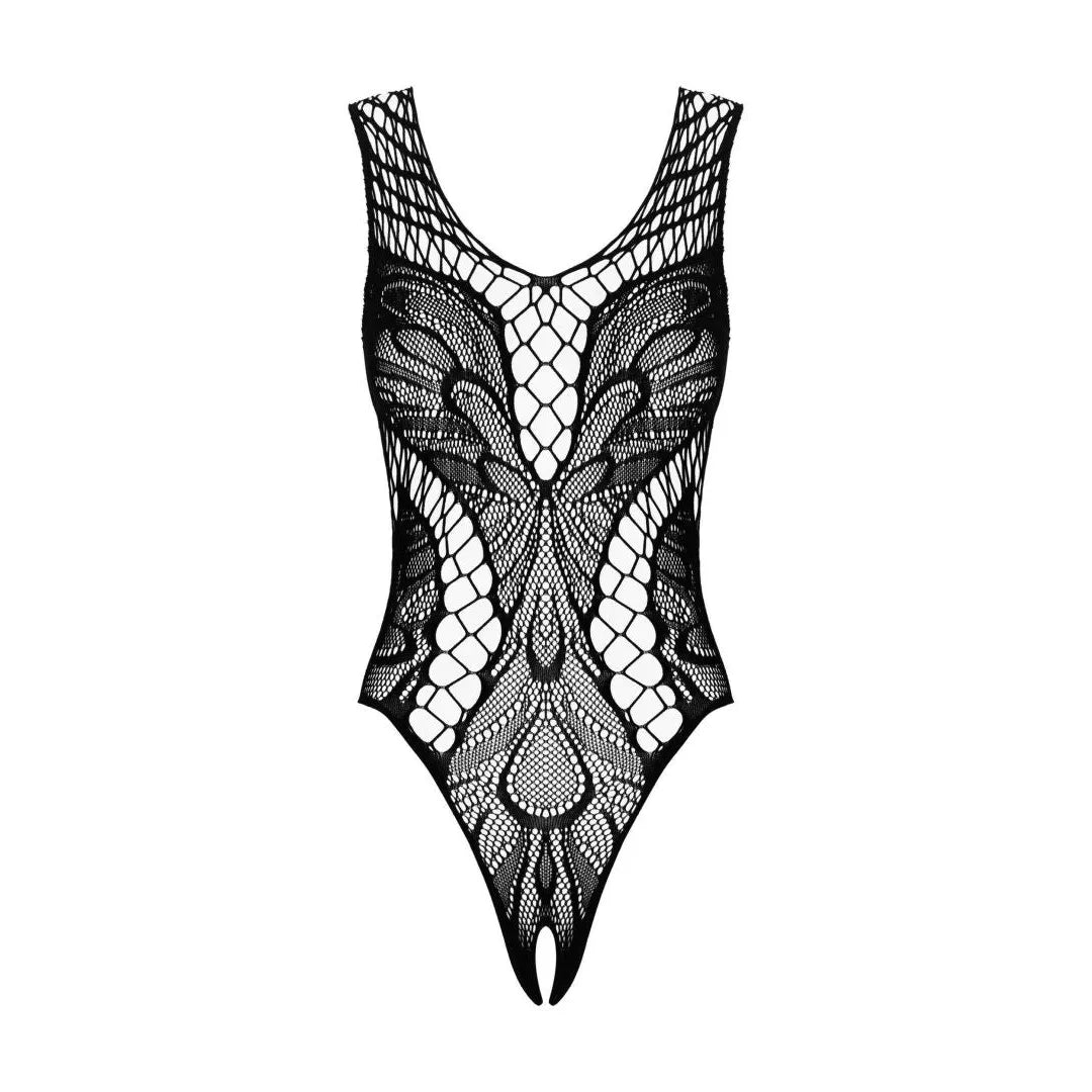 Body teddy noir transparent entrejambe ouvert, design dos unique, motifs élégants, nylon élasthanne, tailles S M L.