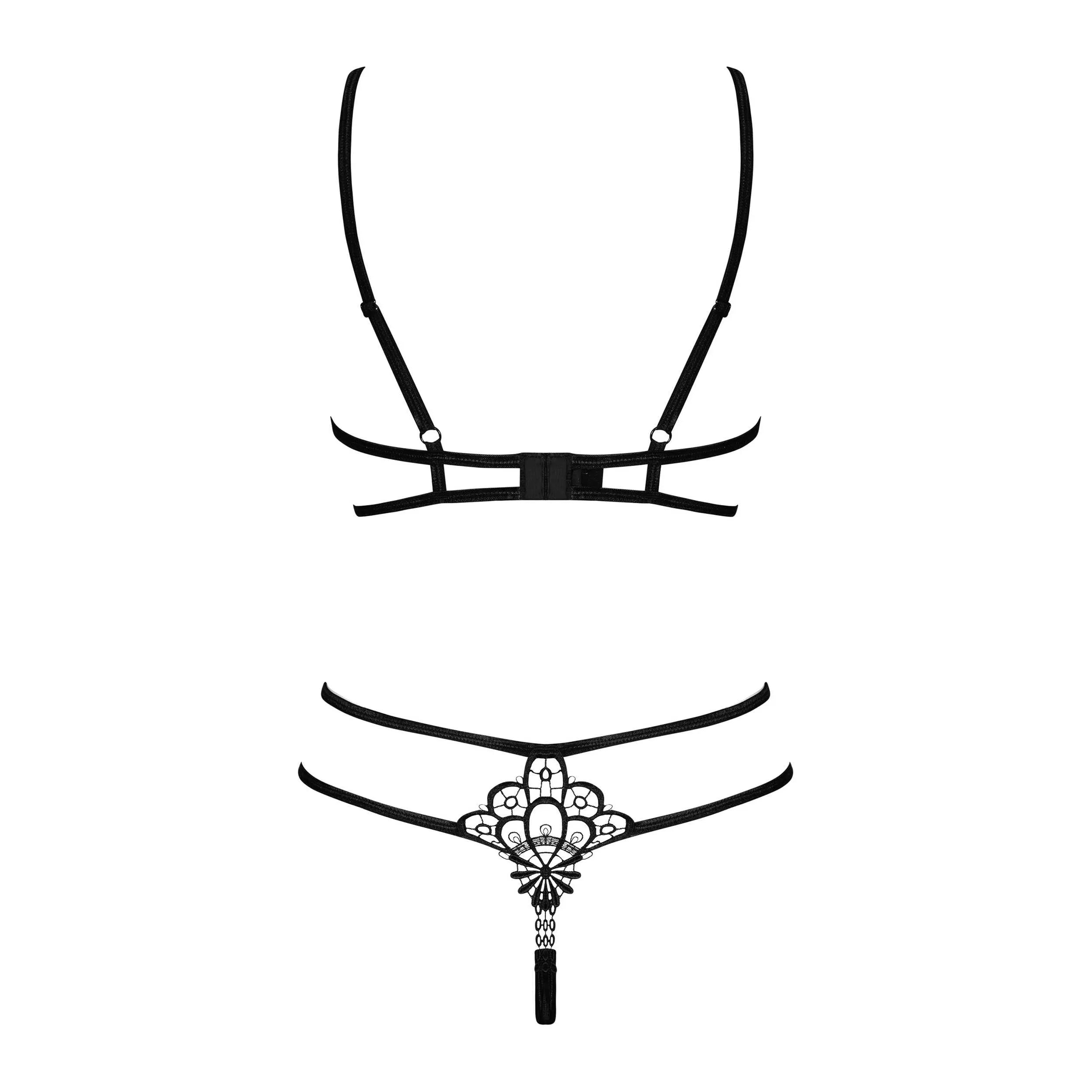 Ensemble lingerie noir Badossa, guipure élégante, soutien-gorge ouvert, string élastique, design sophistiqué et séduisant.