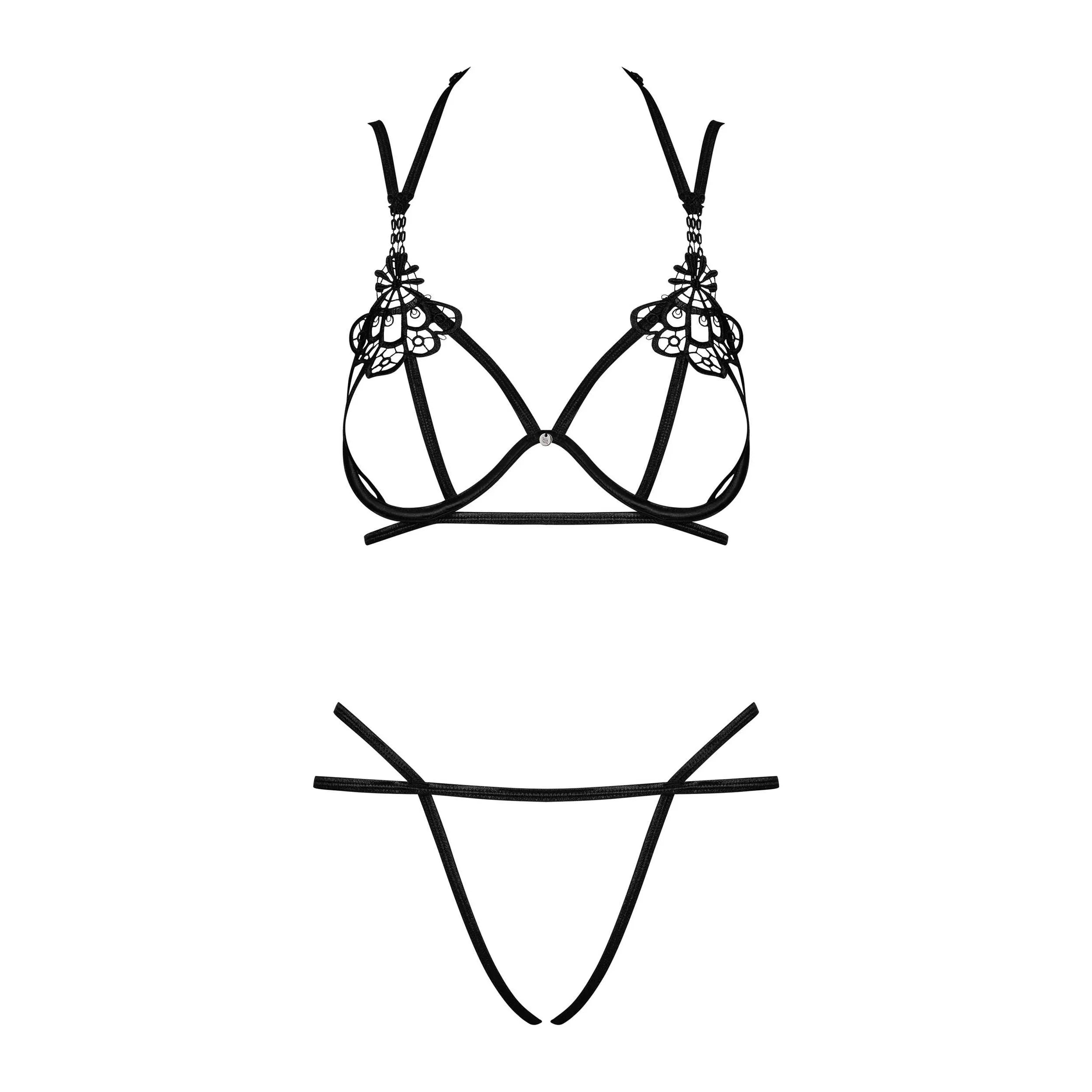 Ensemble lingerie noir Badossa, soutien-gorge ouvert guipure et string élastique, design élégant et séduisant.