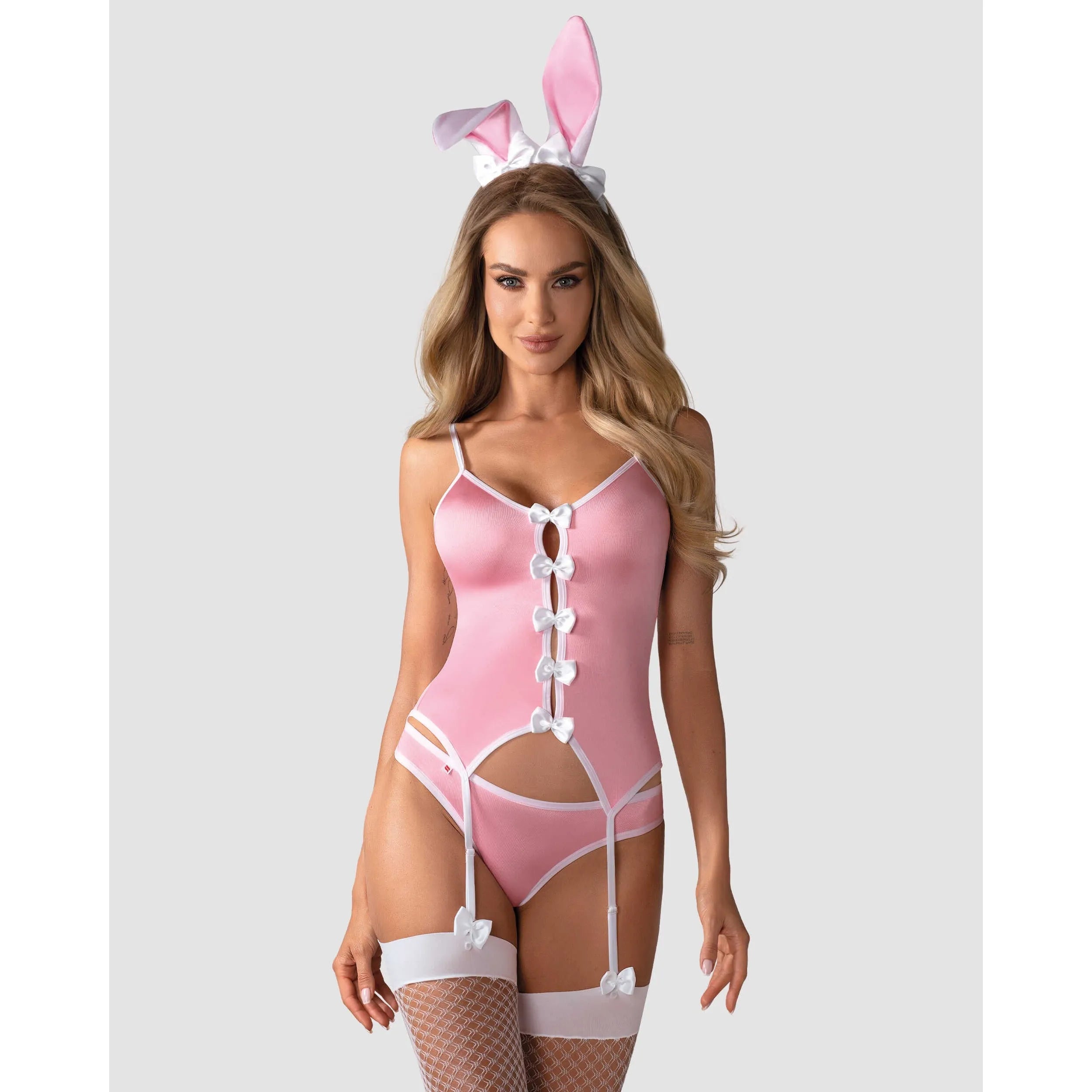 Costume lapin sexy rose avec oreilles, jarretelles ajustables, haut et culotte satinés, bas résille blancs, queue douce.