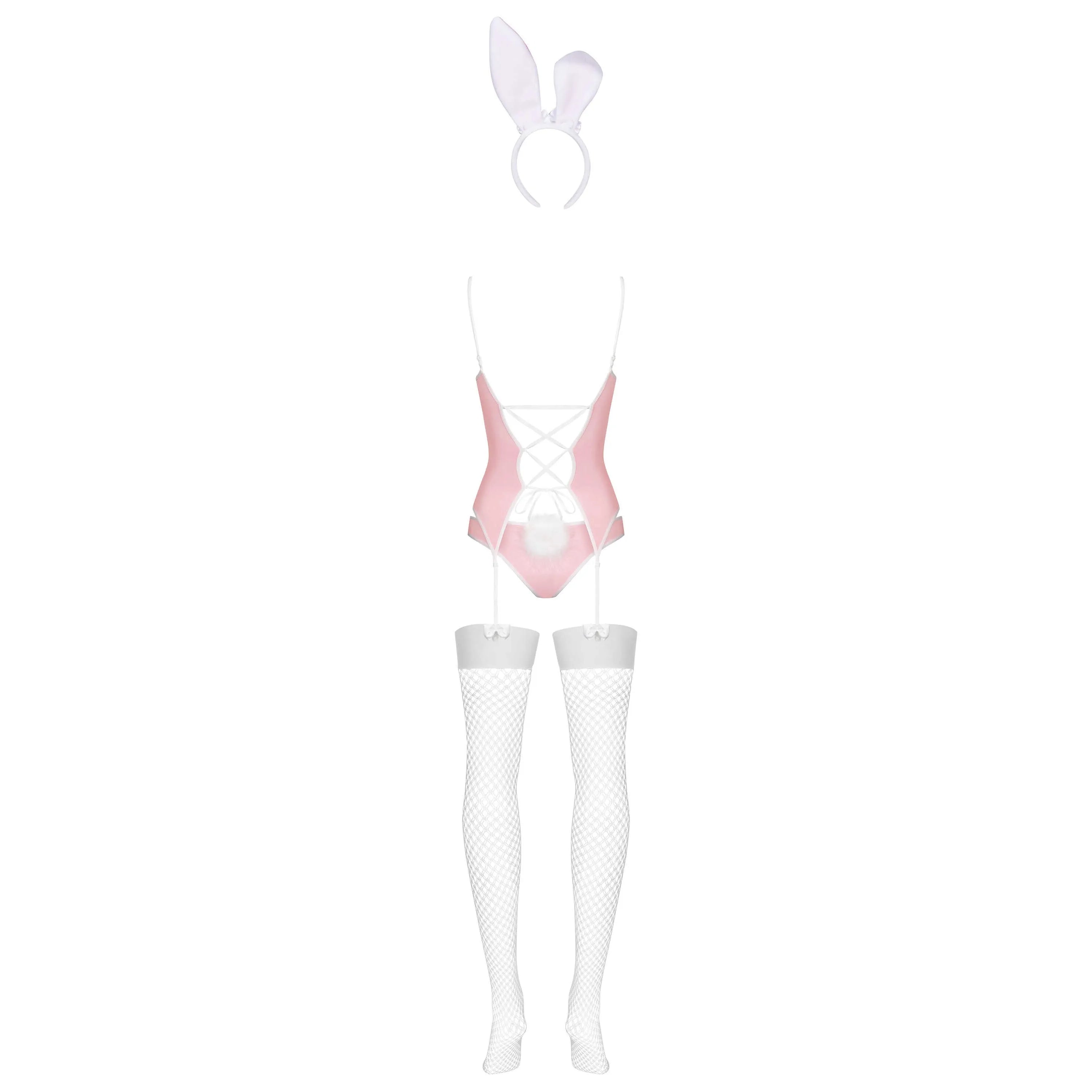 Costume lapin sexy rose avec oreilles, jarretelles ajustables, haut satiné, culotte, bas résille et queue douce.
