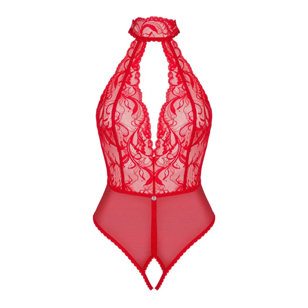 Body rouge en dentelle chic, décolleté plongeant, dos nu, entrejambe ouvert, séduction féminine sophistiquée.