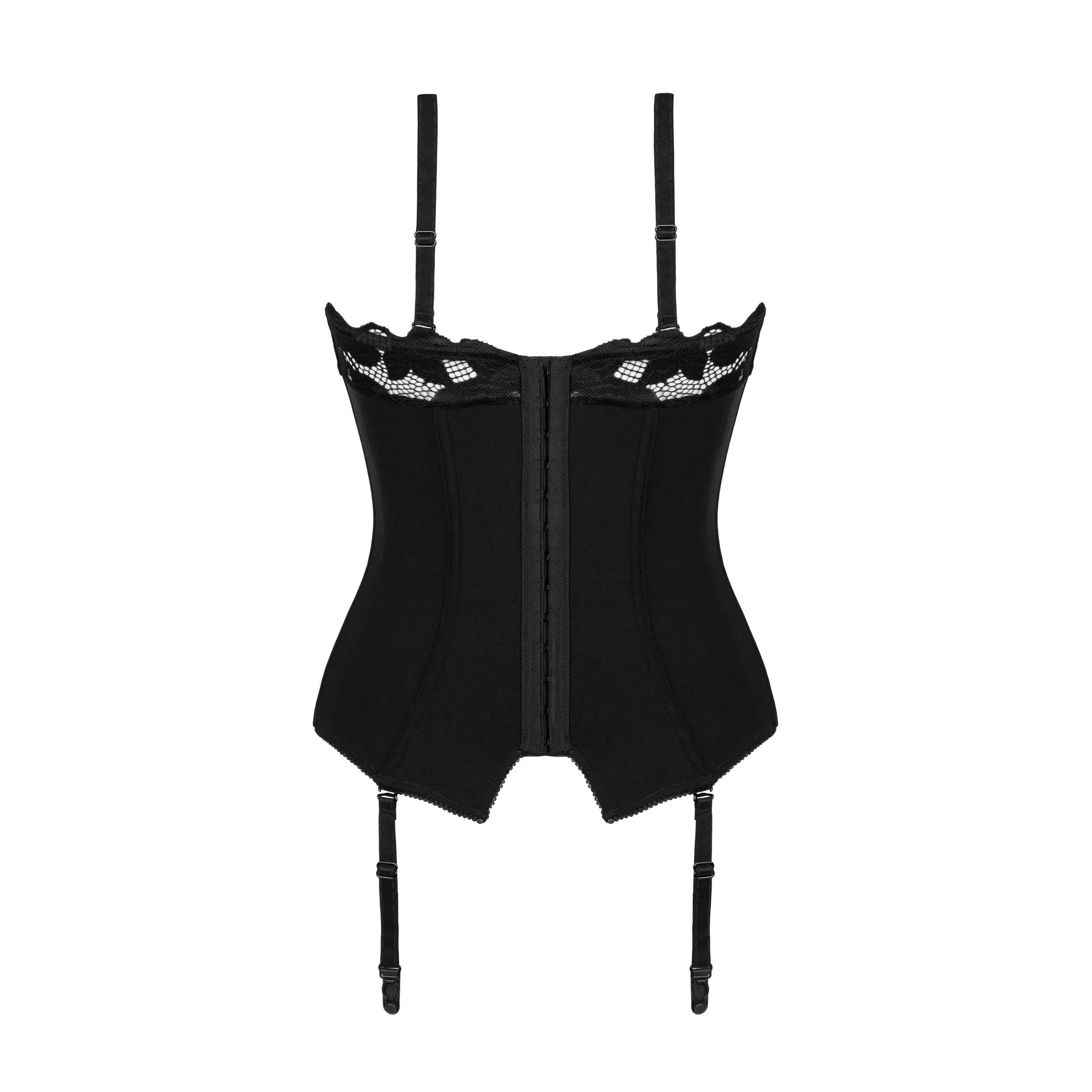 Corset noir Editya avec armatures verticales, bonnets translucides, toucher doux, ajustable, style sensuel et élégant.