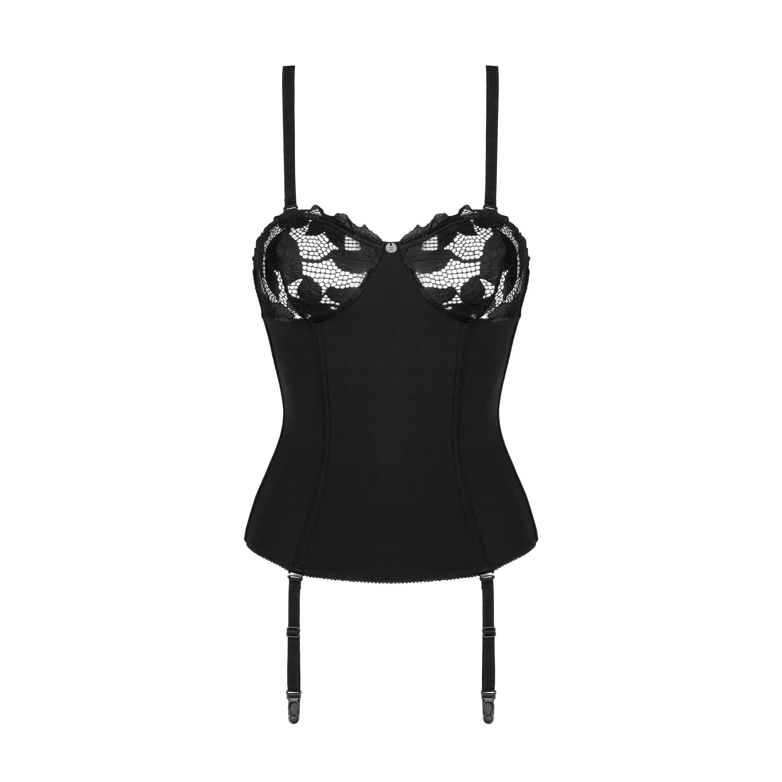 Corset noir Editya, armatures verticales, bonnets translucides, toucher doux, ajustable, style sensuel, maintien optimal.