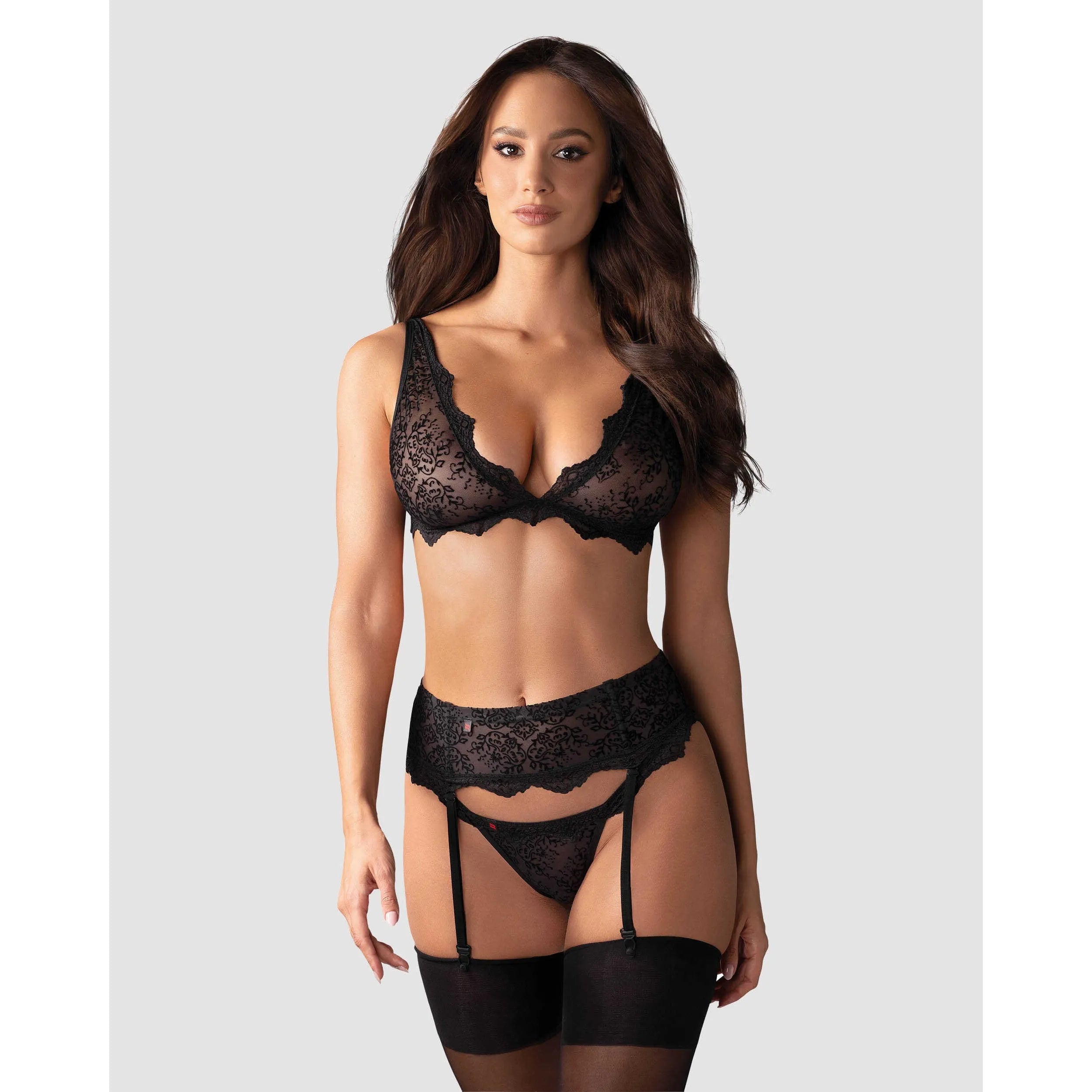 Ensemble lingerie velours noir trois pièces, dentelle transparente, porte-jarretelles, bretelles réglables, silhouette élé...