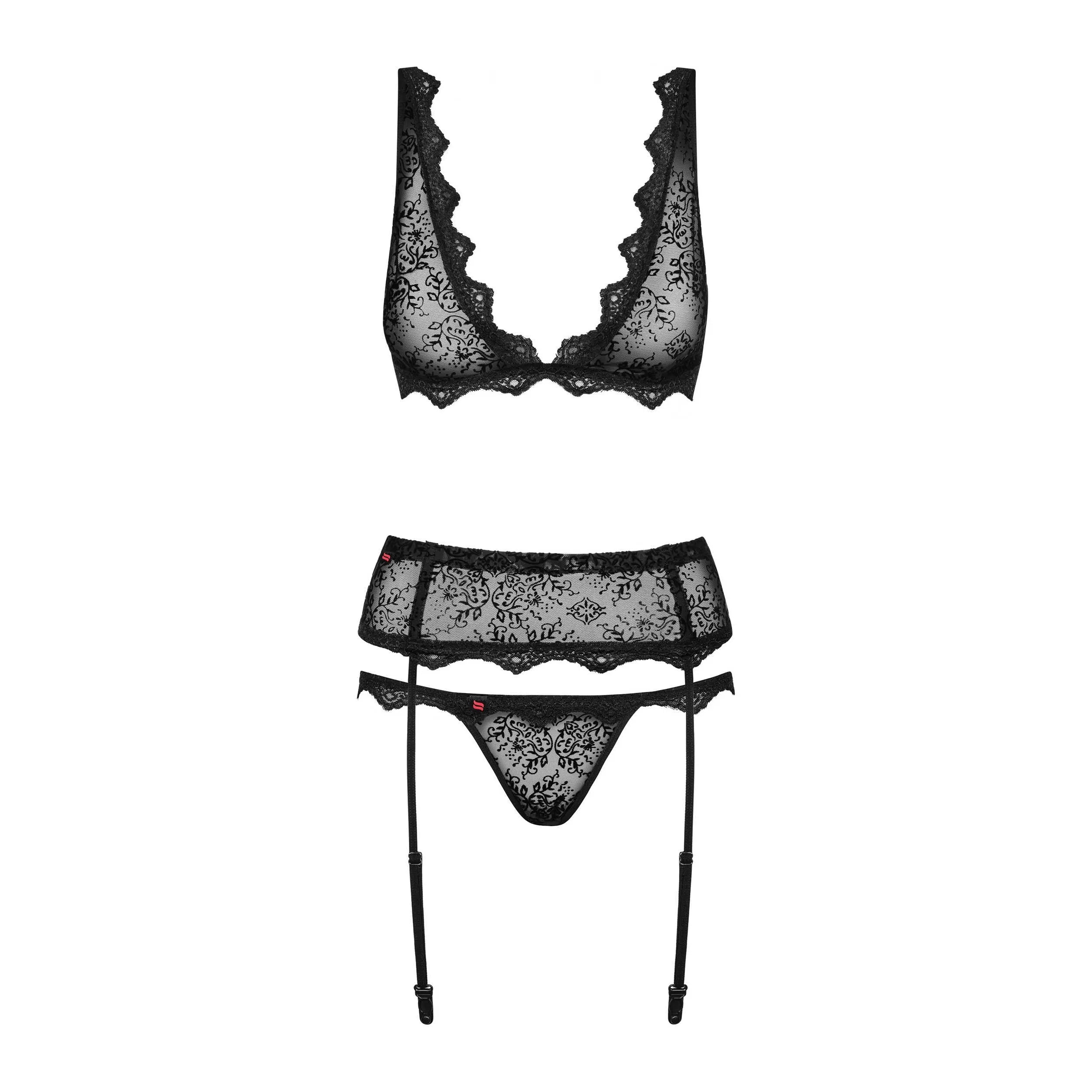 Ensemble lingerie noir trois pièces en velours et dentelle, porte-jarretelles, bretelles réglables, maille transparente.