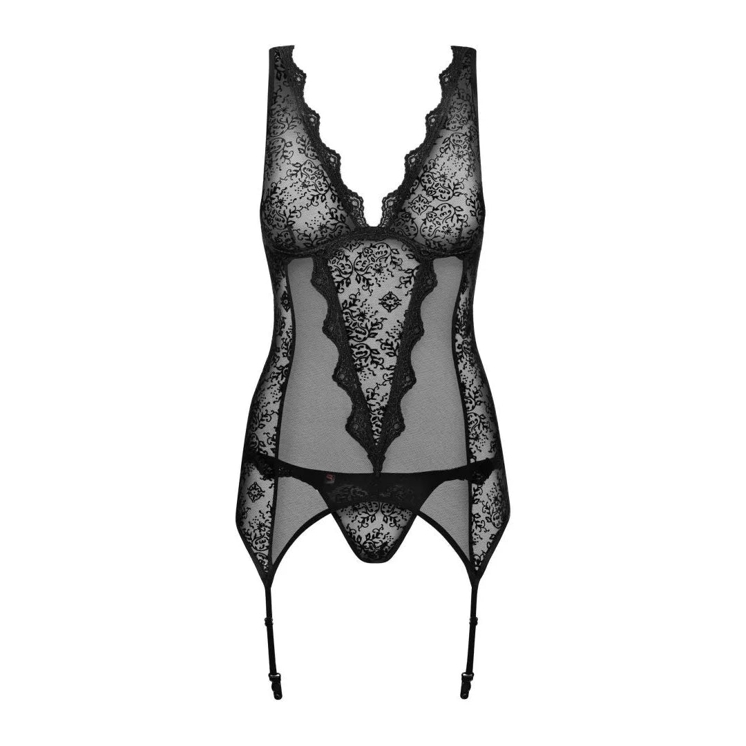 Guêpière noire en dentelle florale avec jarretières, bretelles réglables et dos lacet, maille transparente élégante.