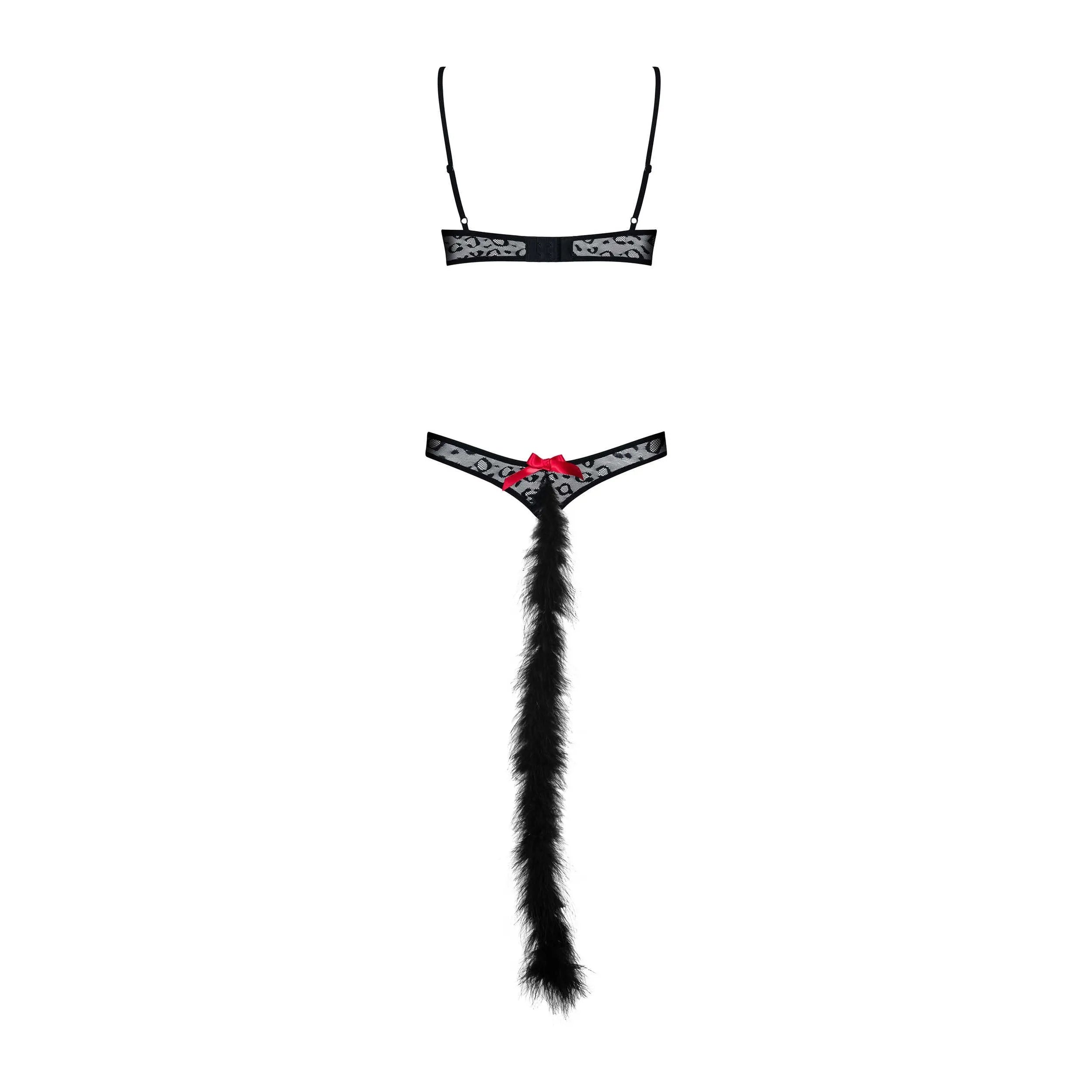 Costume guépard noir femme trois pièces, body ajusté, oreilles, queue détachable, nœud rouge, élégant et séduisant.