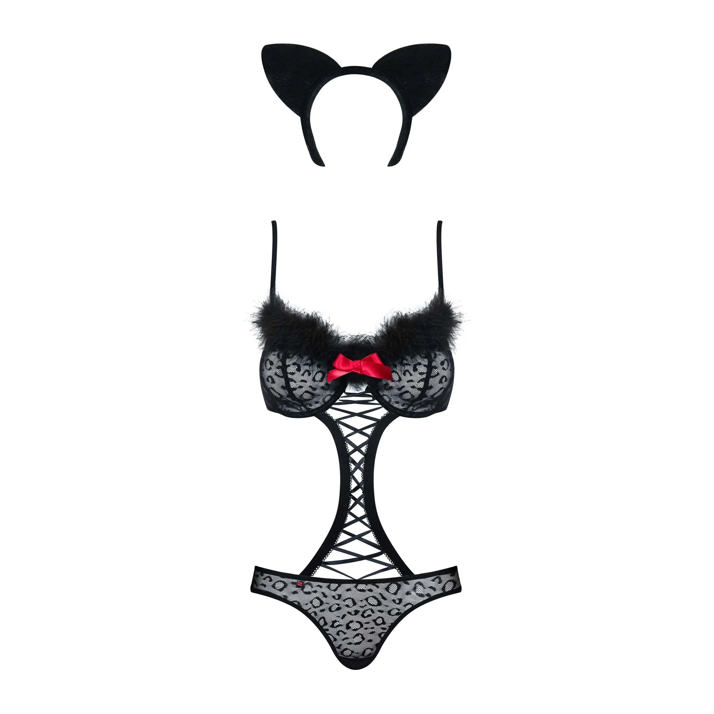 Costume guépard noir femme, body ajusté avec bretelles, oreilles et queue détachables, nœud rouge, motif léopard.