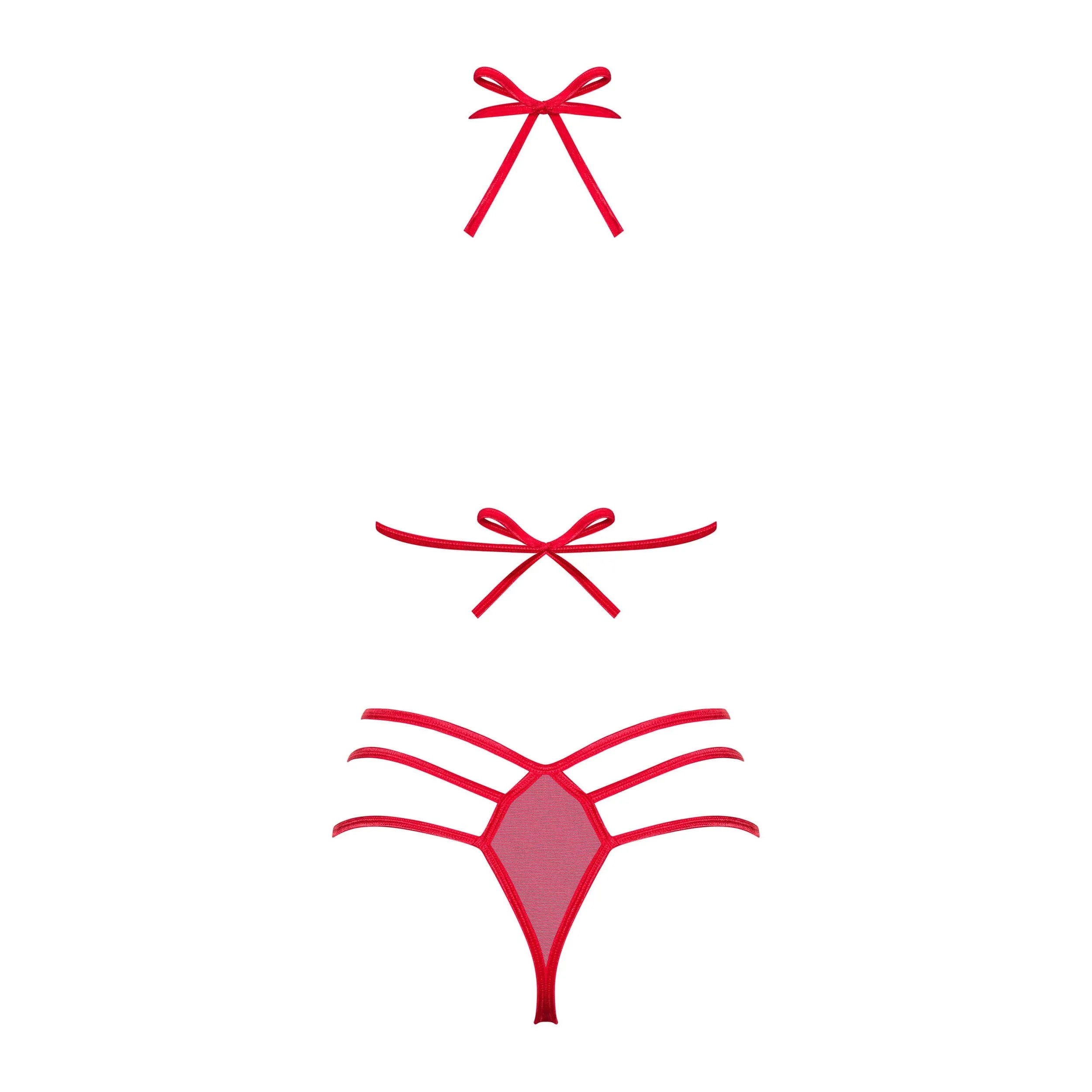 Ensemble lingerie rouge sexy avec soutien-gorge dos nu réglable, string lanières, bonnets découpés et nœuds décoratifs.