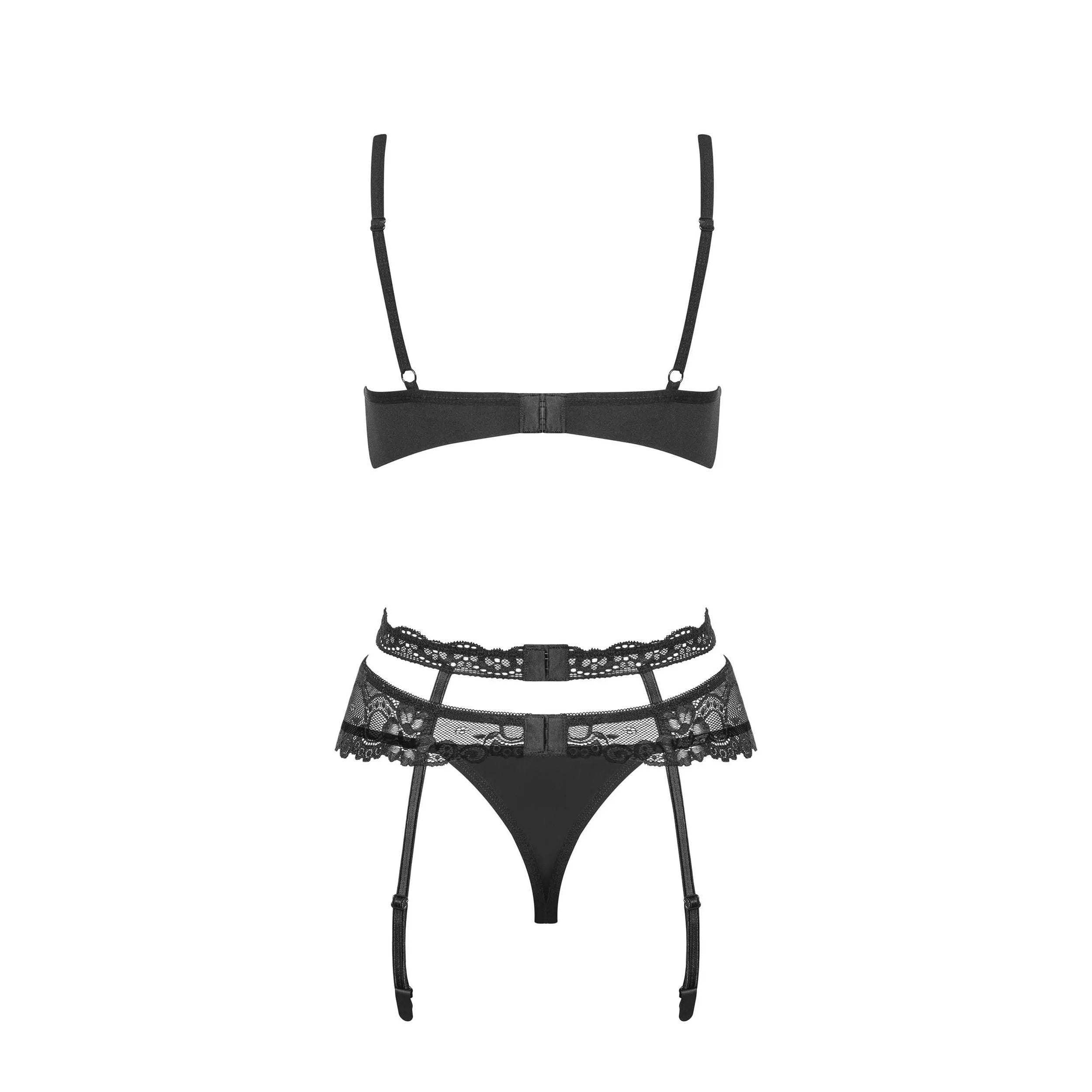Heartina ensemble lingerie trois pièces noir dentelle sensuelle ajustable soutien gorge culotte porte jarretelles