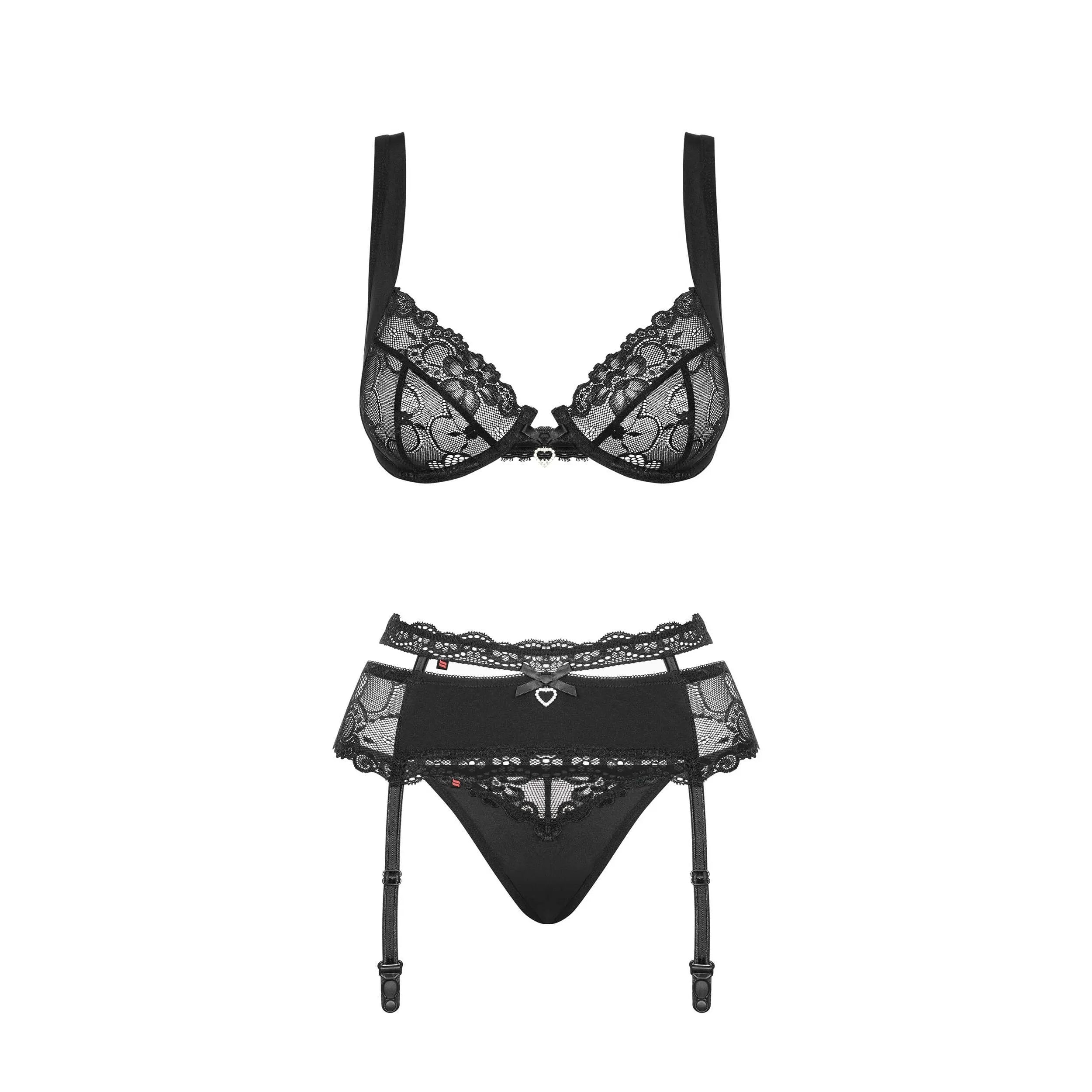 Heartina ensemble lingerie trois pièces noir dentelle sensuelle ajustable soutien gorge culotte porte jarretelles