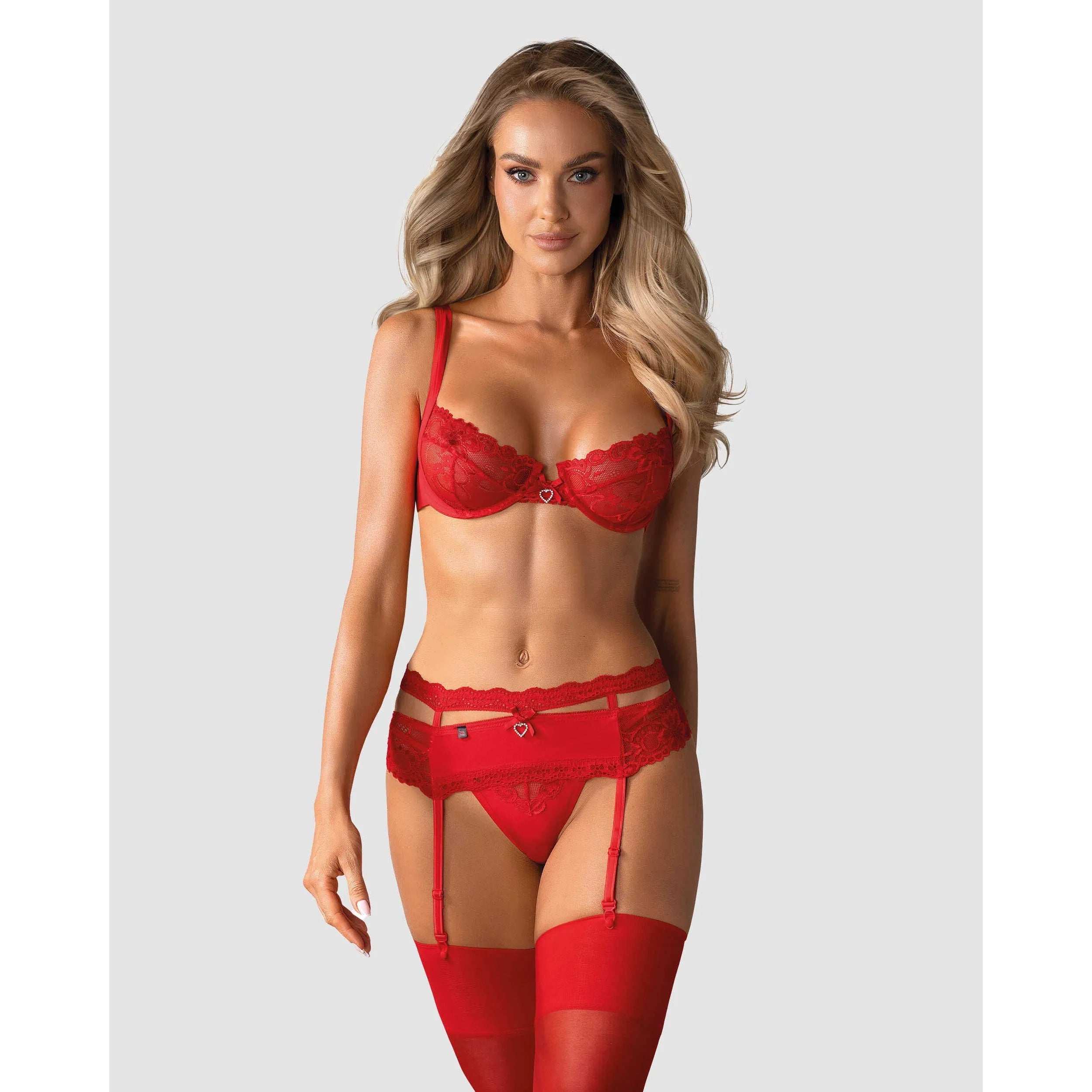 Ensemble lingerie rouge dentelle strass Heartina, soutien-gorge armatures, porte-jarretelles, string, Saint Valentin.