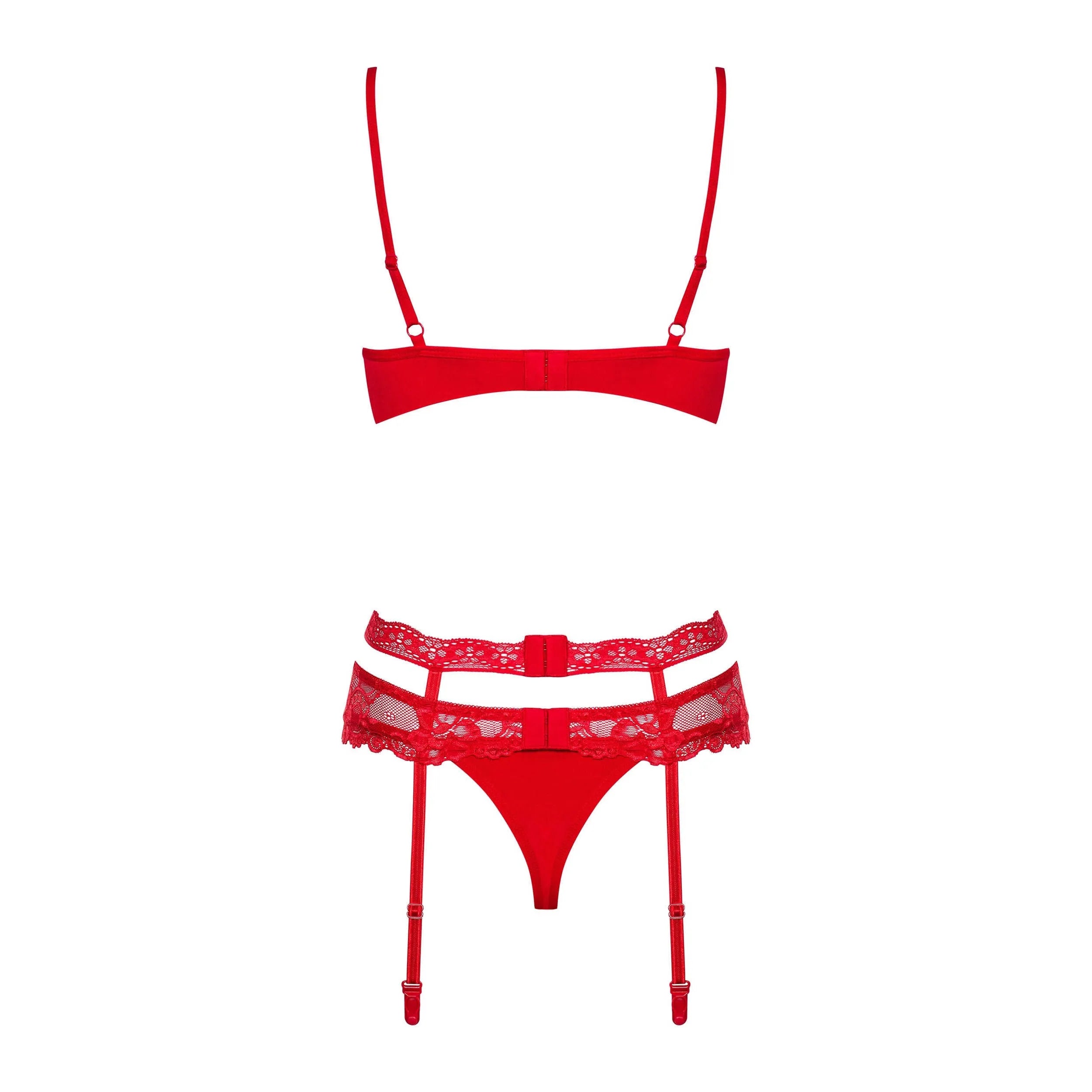 Ensemble lingerie rouge dentelle et strass Heartina avec soutien-gorge armatures, porte-jarretelles et string.