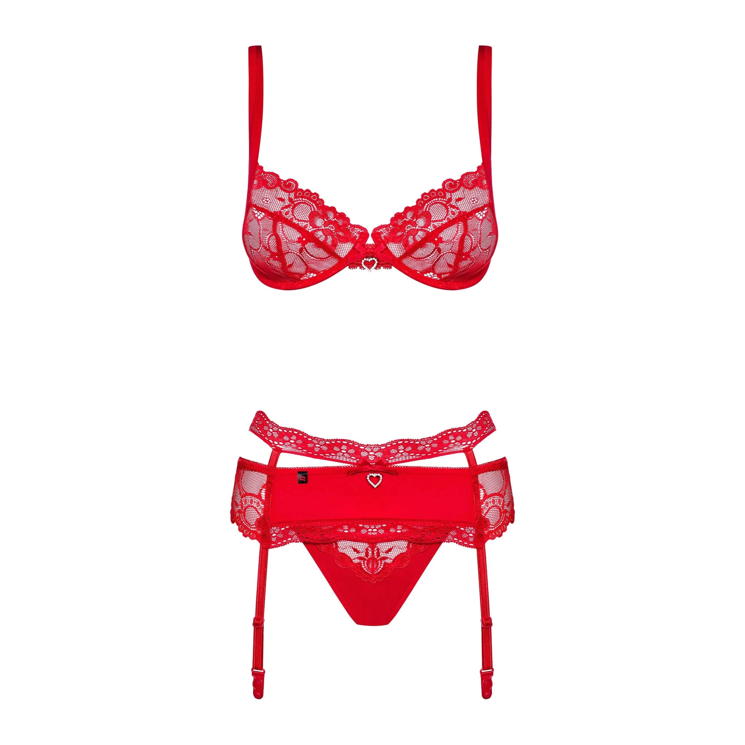 Ensemble lingerie rouge dentelle strass Heartina, soutien-gorge armatures, porte-jarretelles, string, cadeau Saint-Valentin.