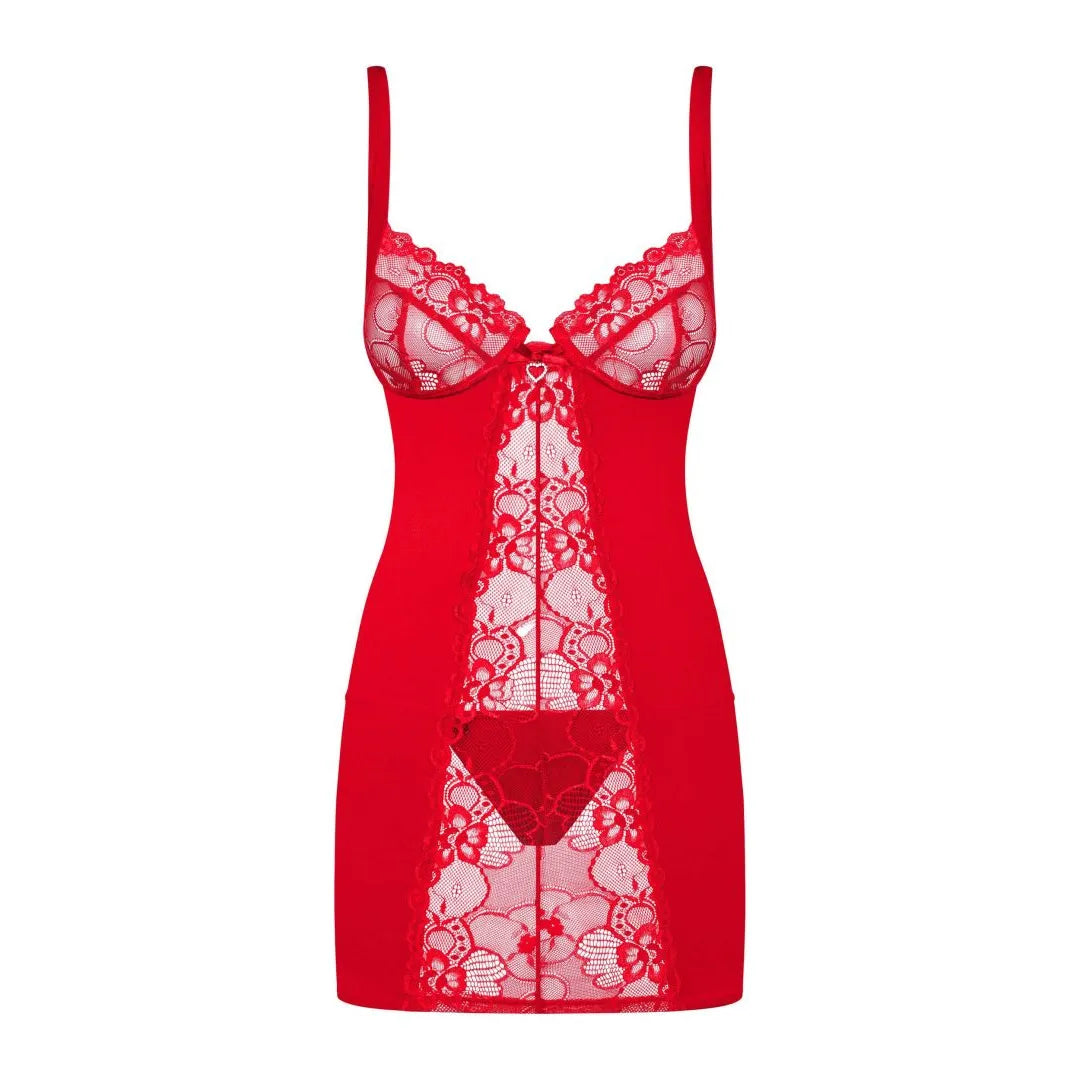 Heartina nuisette rouge intense dentelle transparente raffinée bonnets armatures délicates strass coeur bretelles réglables maintien optimal tissu extensible string assorti