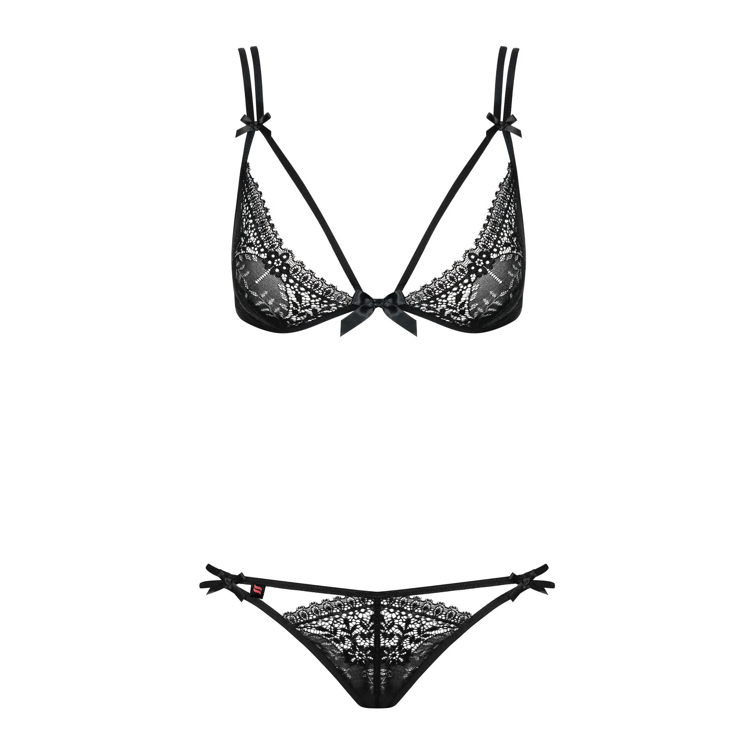 Ensemble lingerie dentelle noire, soutien-gorge lanières, décolleté audacieux, confort élasthanne, tailles S à XL.