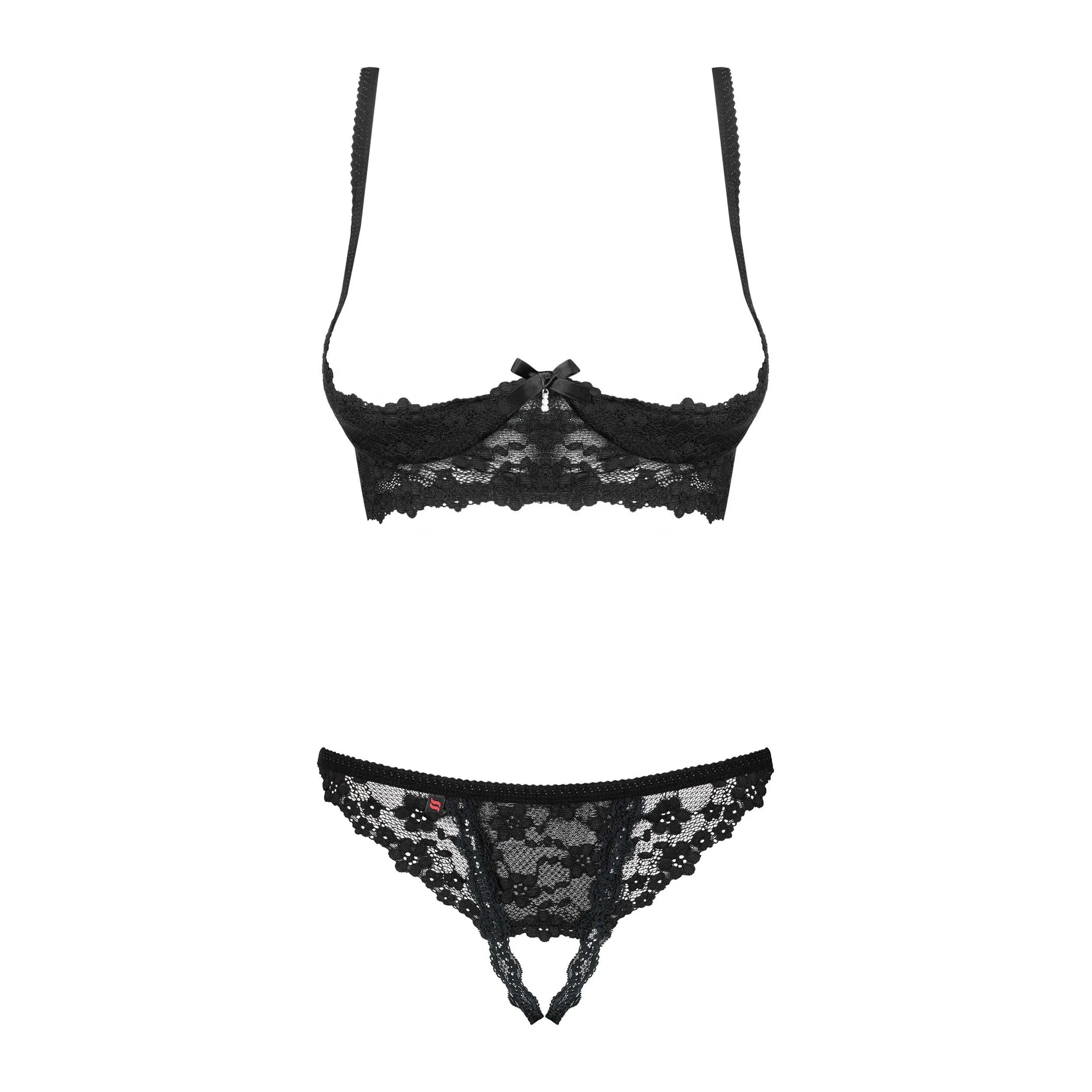 Ensemble lingerie dentelle noire ouvert, soutien-gorge sans bonnet, string ajustable, détails cristaux, élégant et audacieux.