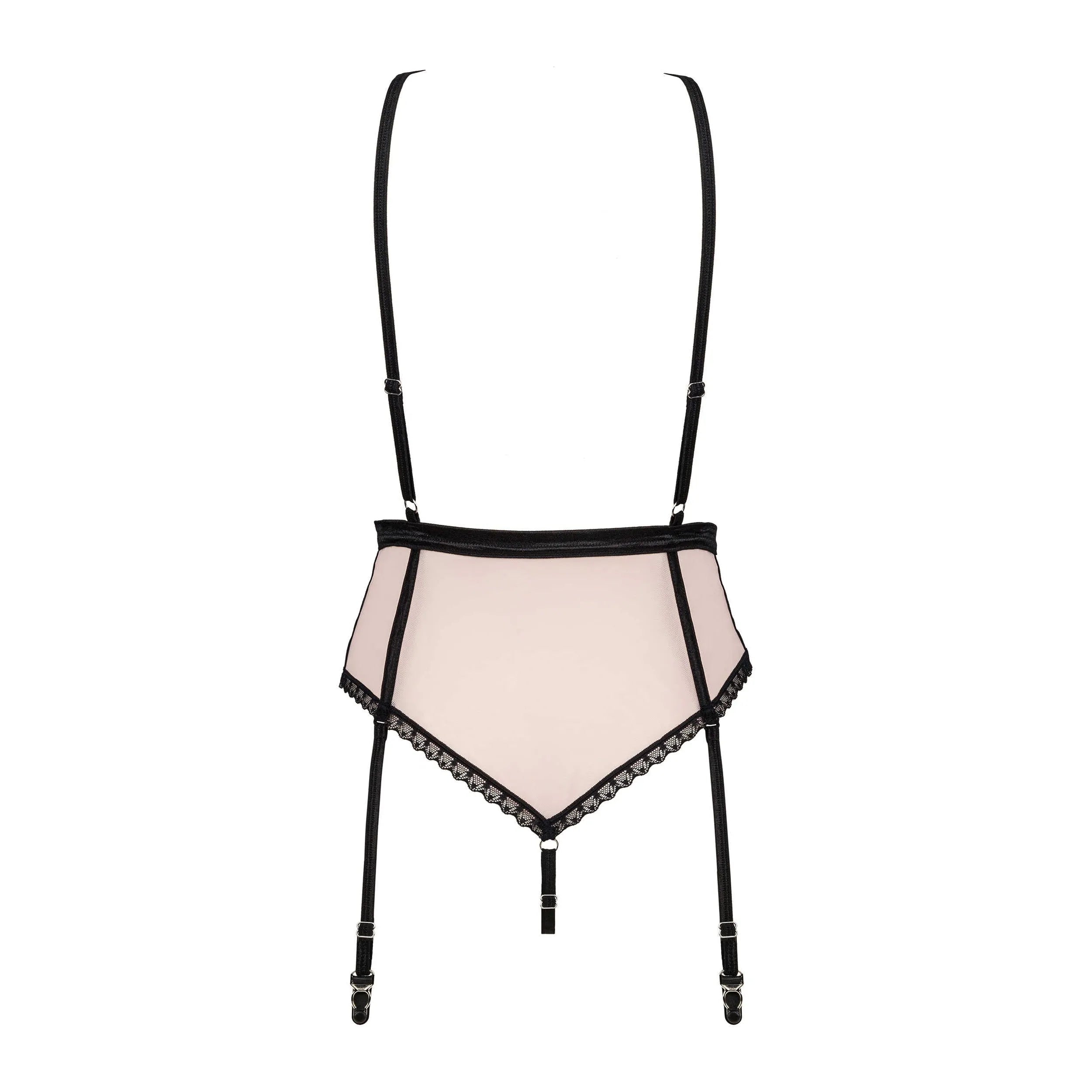 Body rose en dentelle florale avec porte-jarretelles, dos nu, bretelles réglables, bijou pendentif, style chic et sensuel.