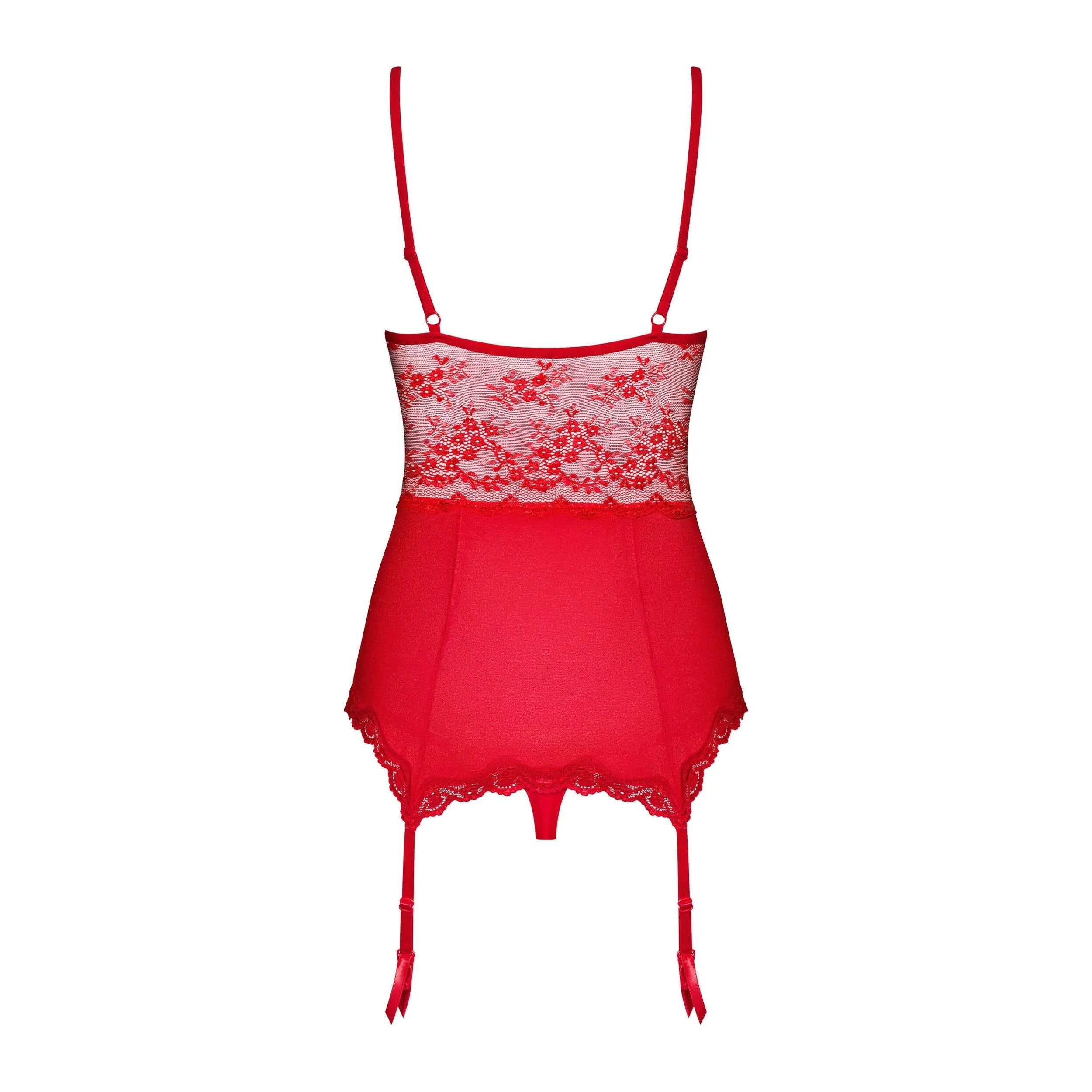 Guêpière rouge en dentelle perlée avec string assorti, bretelles et jarretelles réglables, soutien-gorge intégré.
