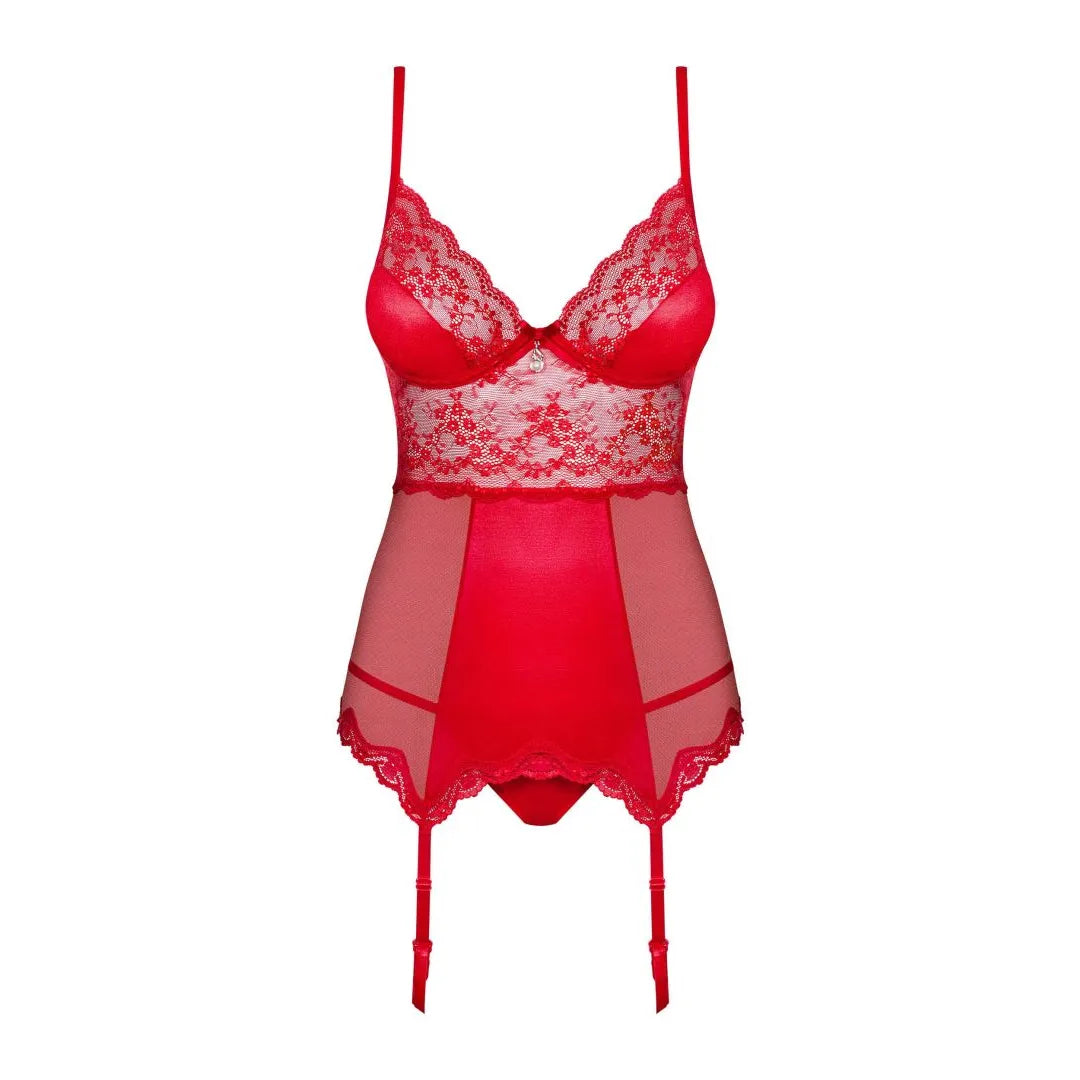 Guêpière rouge en dentelle perlée avec string assorti, bretelles et jarretelles réglables, soutien-gorge intégré.