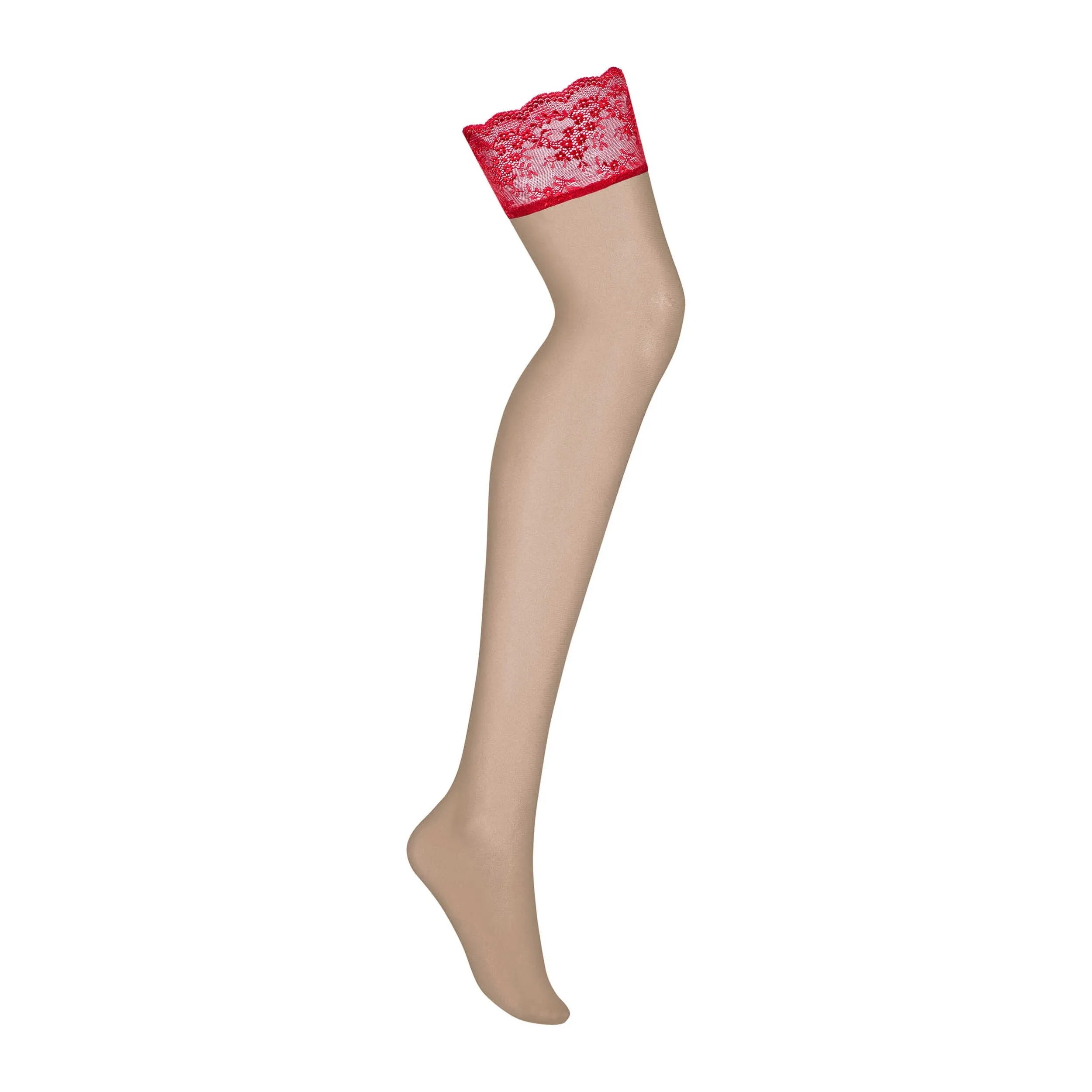 Bas rouges en dentelle avec jarretières, teinte chair, polyamide élasthanne, élégance et séduction Lovica Obsessive.